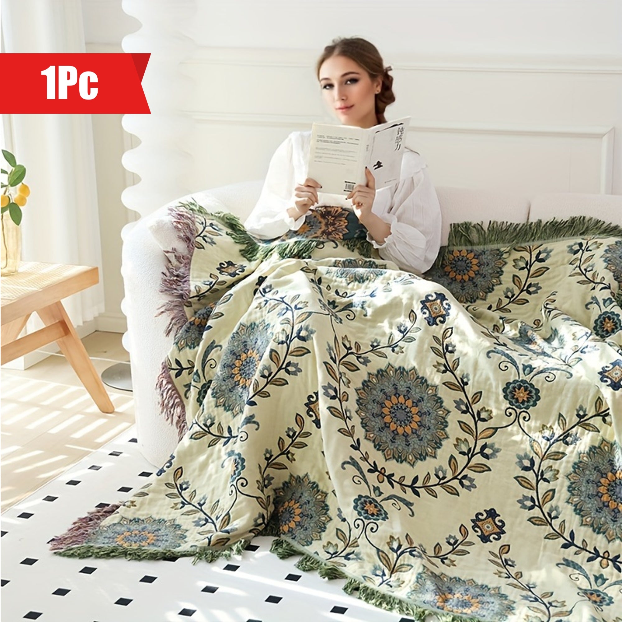 1pc Cotton Multi-Layer Gauze Throw Blanket with Tassel - Floral Leaf Pattern Sofa Blanket | Air Conditioning Blanket & Summer Cooling Quilt | Double-Sided Reversible | Machine Washable & Reusable | Perfect for Living Room, Bedroom, Travel & Outdoor Picnics