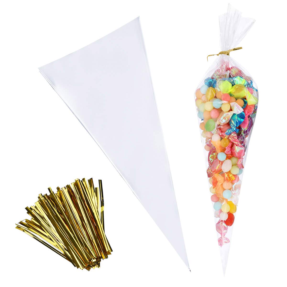 100 PCS Clear Cello Treat Bags 7x15 Inch - Triangle Popcorn & Candy Bags with Twist Ties for Parties, Weddings, Halloween - Reusable Goodie Bags for Cookies, Snacks, Favors