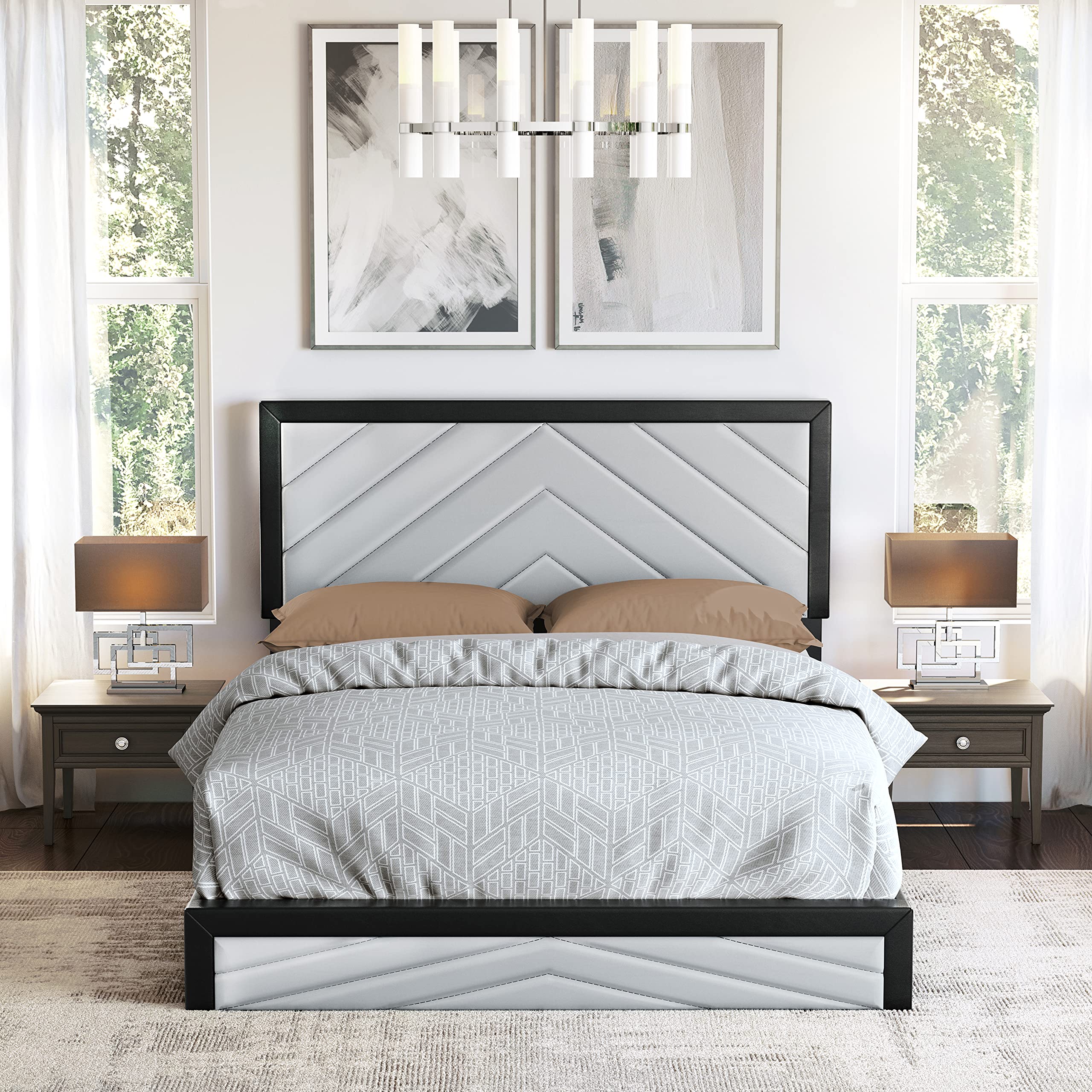 Boyd Sleep Arden Upholstered Platform Bed Frame with Headboard - Faux Leather, Black/Grey, Full Size for Modern Bedrooms
