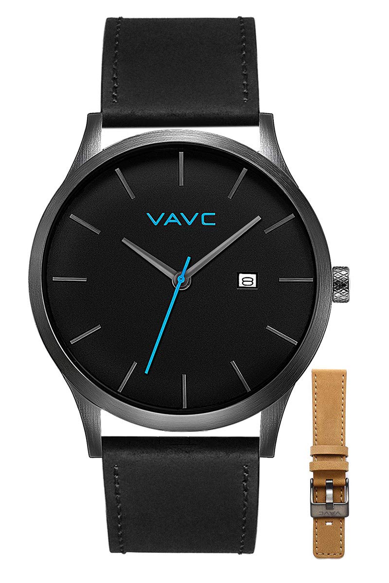 VAVC Men's Black Leather Strap Analog Quartz Dress Watch - Minimalist Black Dial, Casual & Formal Wear - Perfect for Office, Business, and Everyday Use