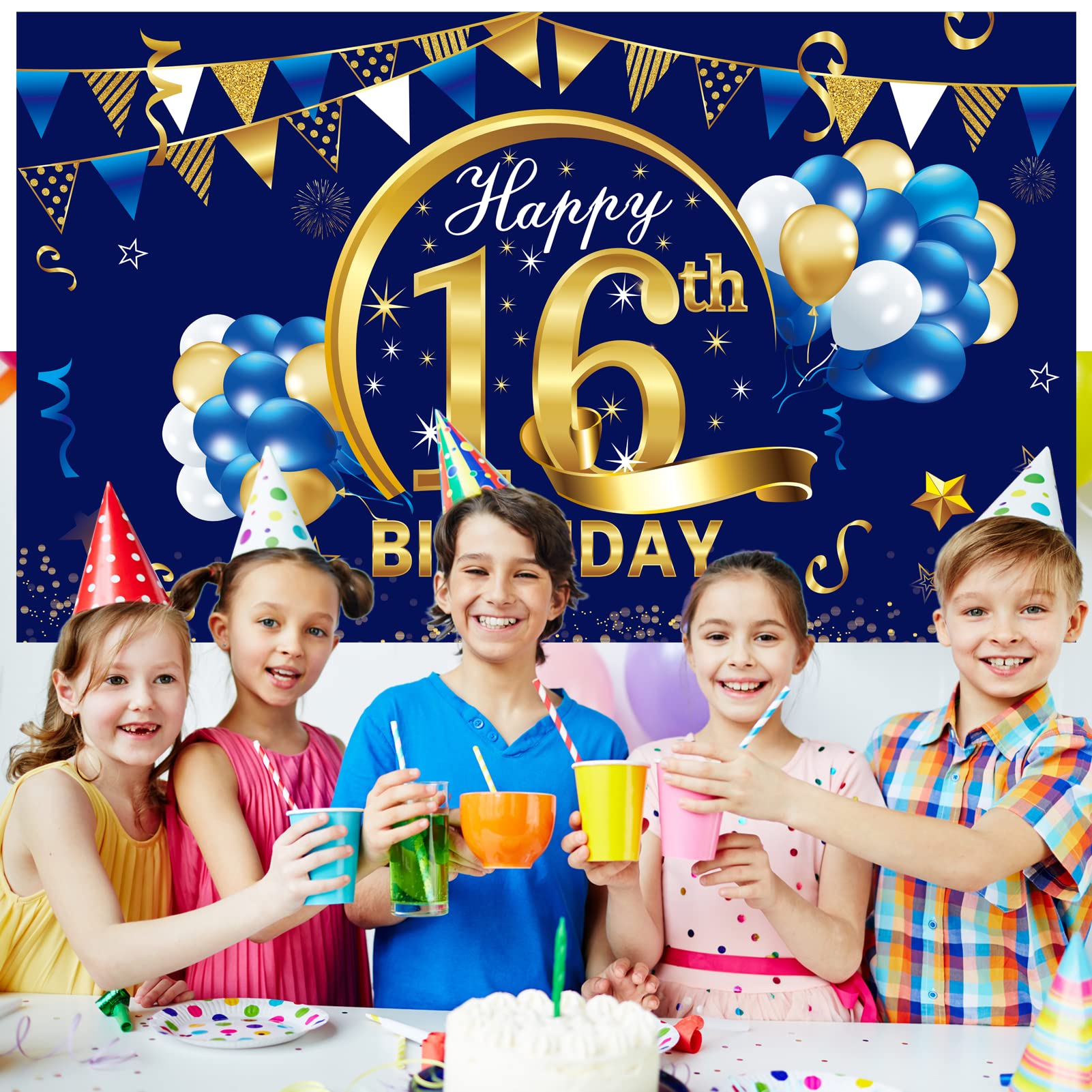 Blue & Gold 16th Birthday Banner Decorations for Boys - Happy Sixteen Party Backdrop, Photo Props & Sign - Perfect for Sweet 16 Celebrations, Teen Parties & Photo Booths