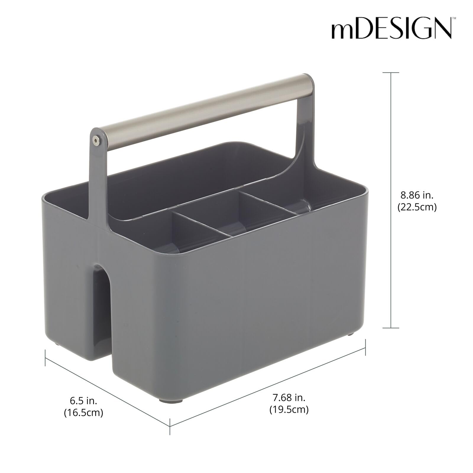 mDesign Plastic Shower Caddy Organizer with Metal Handle - Bathroom Storage Basket for Soap, Shampoo & Conditioner - Dorm & Kitchen Utility Tote - Aura Collection in Charcoal Gray/Satin - Perfect for Small Space Organization & Travel Essentials