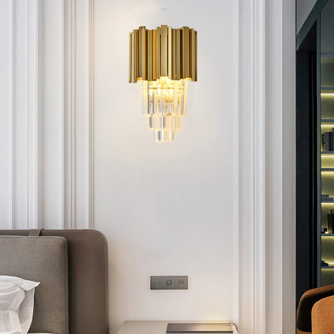 Crystal Wall Sconces Set of 2 - Gold Modern Wall Light Fixtures with Elegant Crystal Accents for Bedroom, Living Room, Hallway & Dining Room | Indoor Wall Mount Lighting for Home Decor & Ambient Illumination