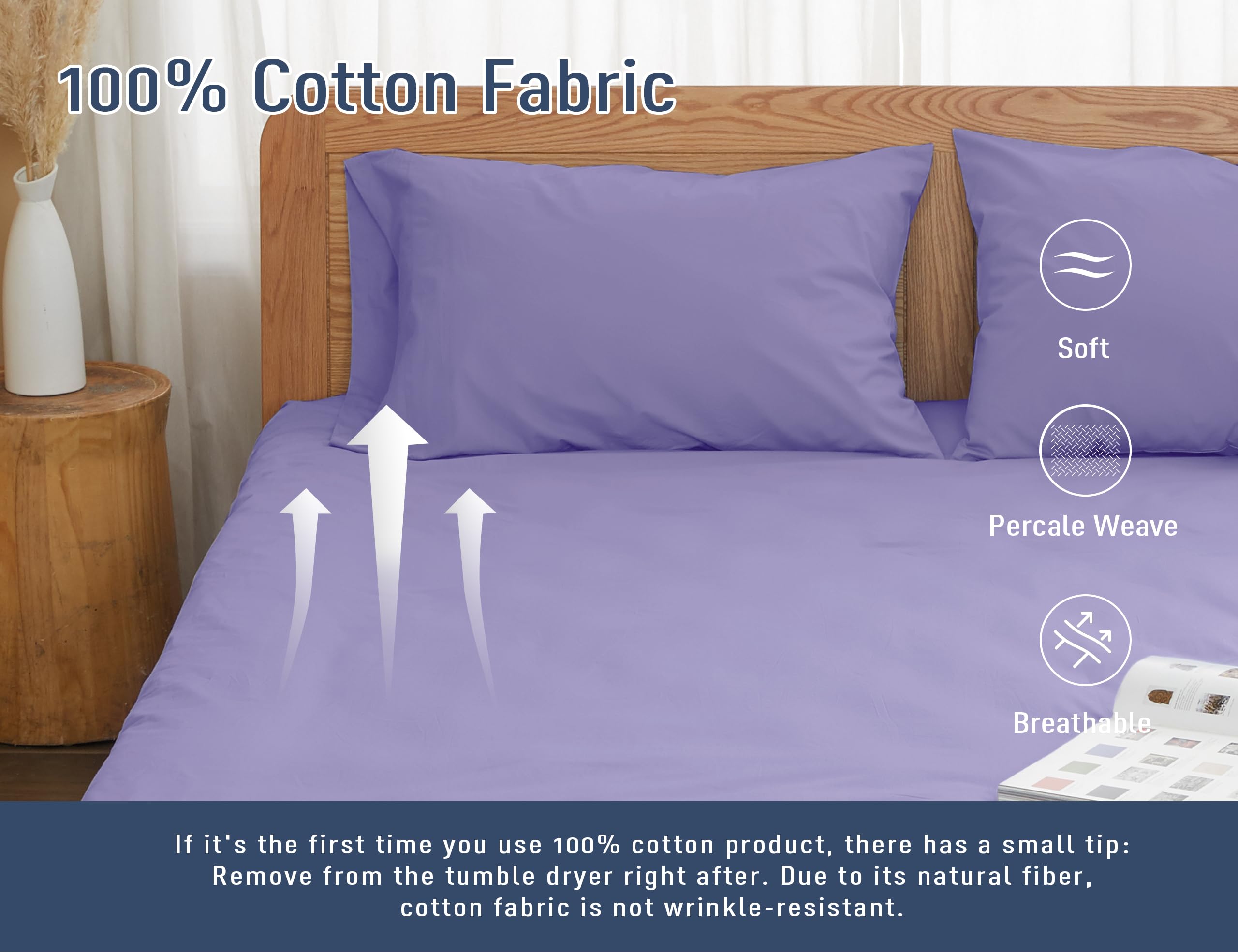 Premium Cotton Percale Pillowcases Set of 2 - Standard/Queen Size 20x30 Inches, Hypoallergenic & Breathable Bedding - Soft Pre-Shrunk Pillow Covers for Home, Hotel, or Travel (Purple)