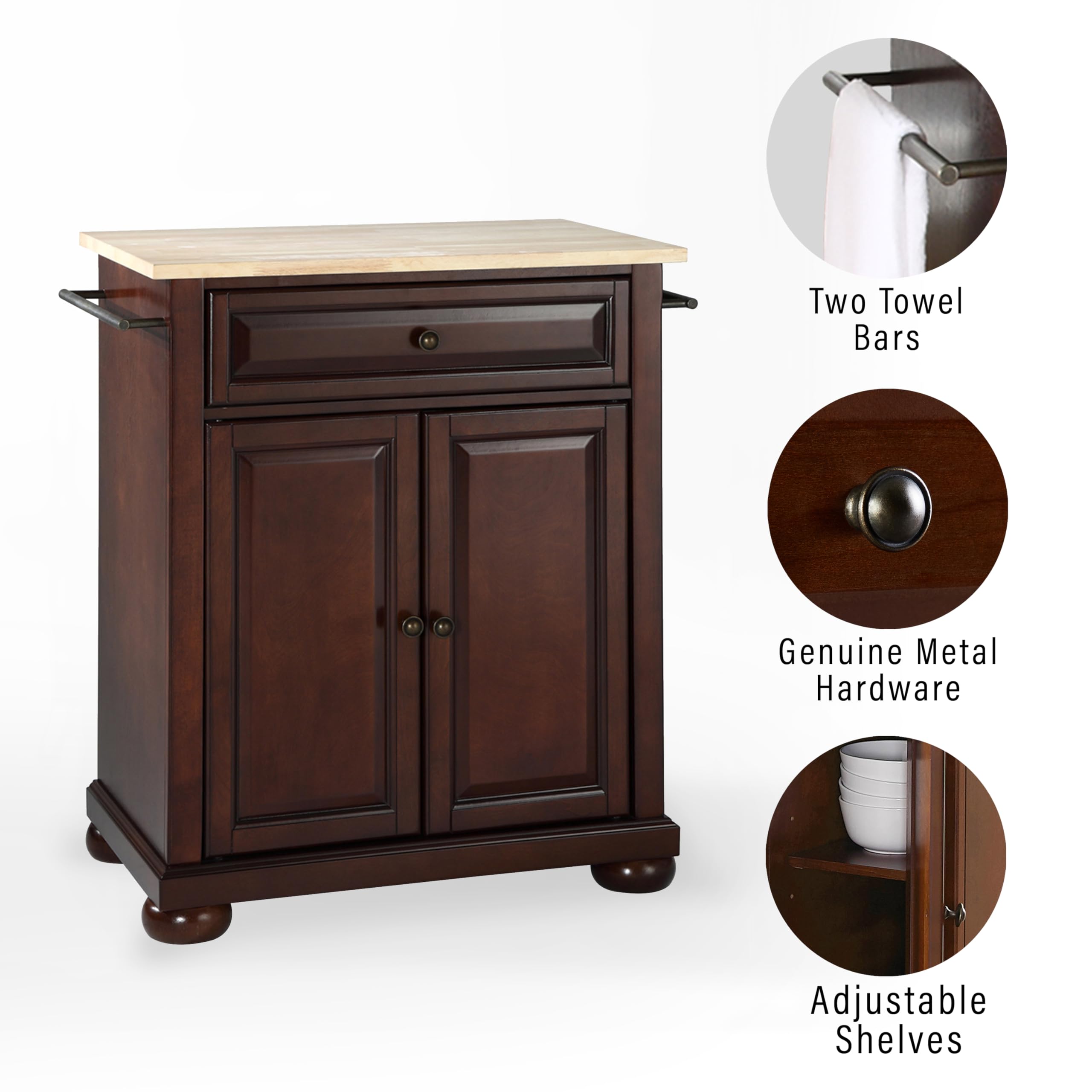 Crosley Alexandria Wood Top Portable Kitchen Island Cart with Wheels - Microwave Stand, Storage Cabinet, Mahogany Finish for Small Spaces - Perfect for Apartments, Dorms & Compact Kitchens