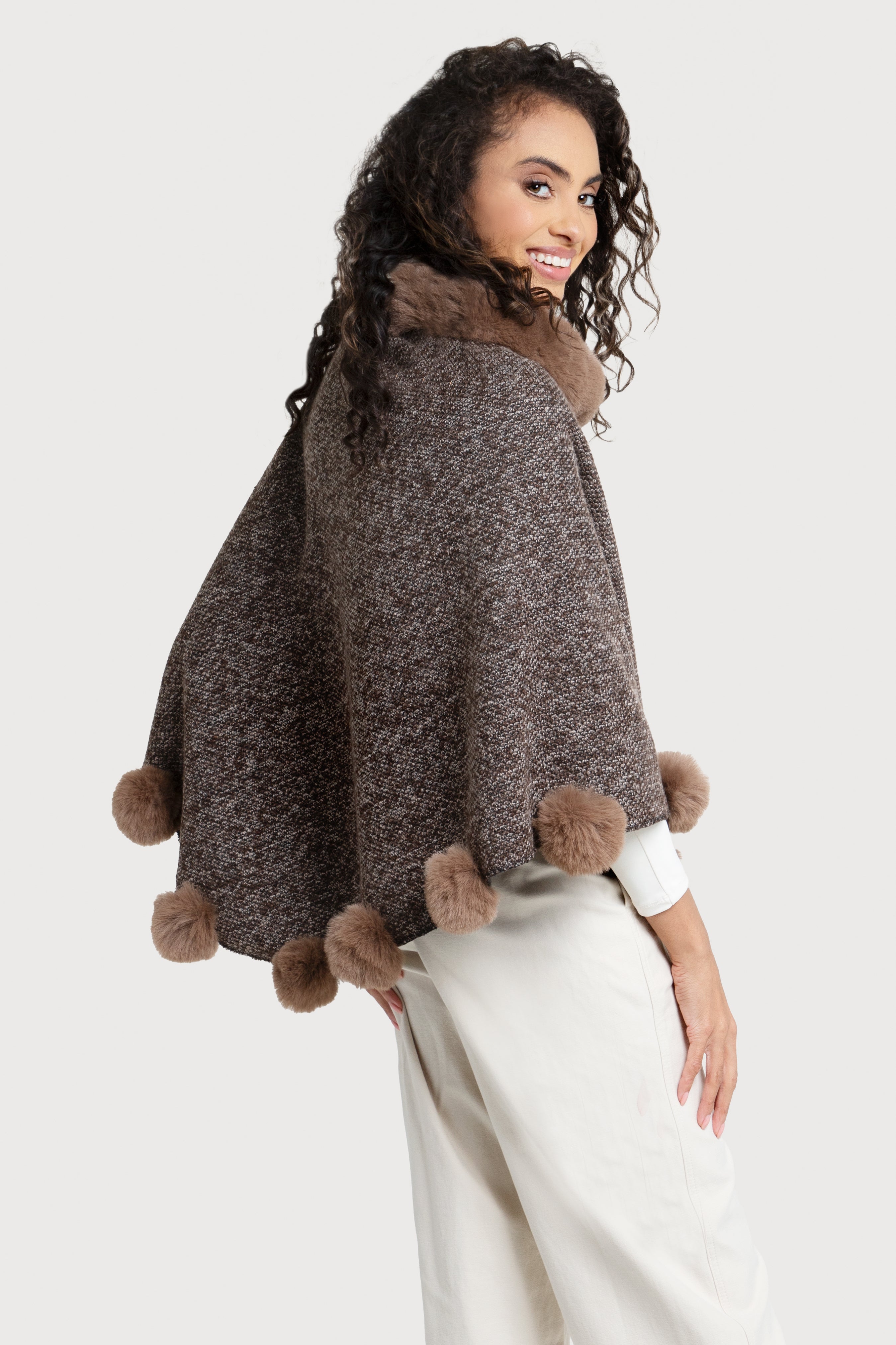 Cozy Faux Fur Poncho with Pom Pom Trim - Women's Winter Cape Shawl for Outdoor & Indoor Wear