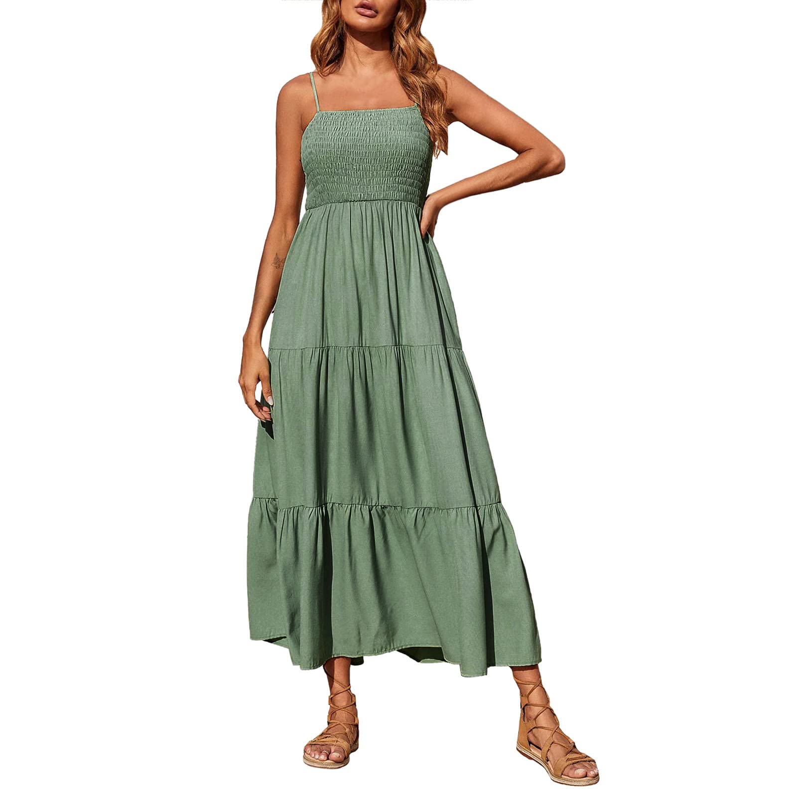 Women's Vintage Boho Summer Maxi Dress - Casual Sleeveless Strap Smocked Tiered Long Slim Fit Beach Sun Dress (Green, X-Large) for Vacation, Pool Party & Outdoor Activities