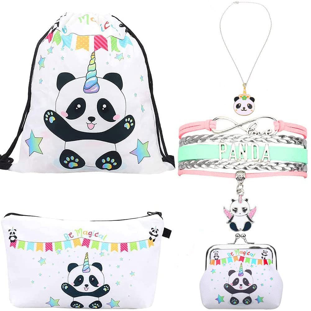 RHCPFOVR Panda Themed Gift Set for Girls - Drawstring Backpack, Makeup Pouch, Bracelet & Necklace | Perfect for Birthday Party Favors, Sleepovers & Teen Gifts