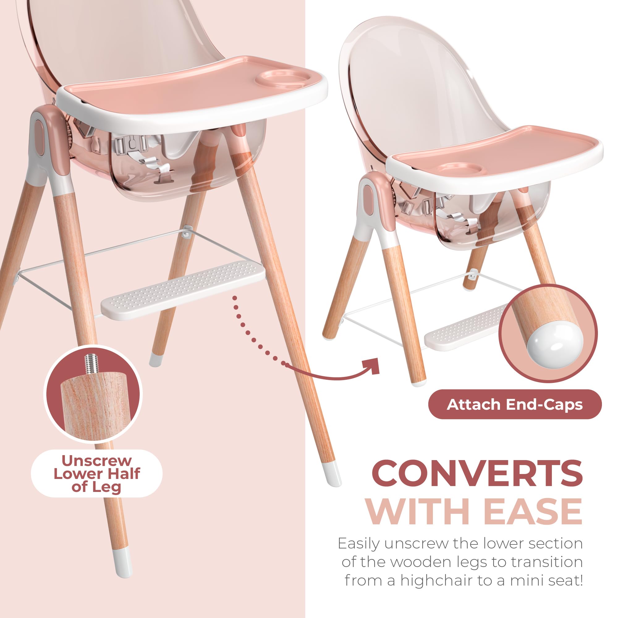 6-in-1 Deluxe Wooden High Chair for Babies & Toddlers - Modern, Safe & Compact Baby Highchair with Removable Tray | 6 Functions, 3 Seat Positions & 2 Height Adjustments | Easy to Clean & Assemble | Perfect for Dining, Feeding & Playtime (Pink)