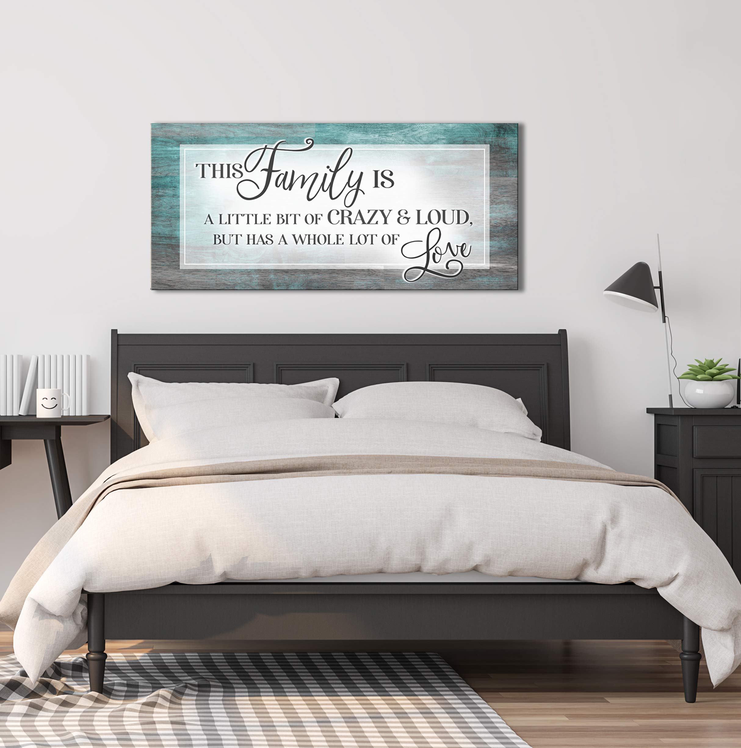 Family Sign Wall Art - Large Canvas Home Decor for Living Room & Farmhouse - 'This Family Is A Little Bit Crazy' Quote - Teal 60x27 Inches - Perfect for Housewarming Gifts & Cozy Home Aesthetics