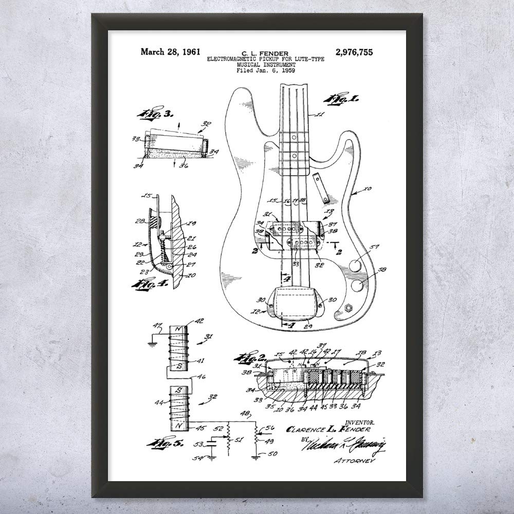 Vintage Black & White Framed Bass Guitar Print - Perfect Gift for Bassists, Guitar Teachers & Music Lovers - Unique Guitar Wall Art Decor (9x12) - Ideal for Home Studios, Music Rooms & Office Spaces