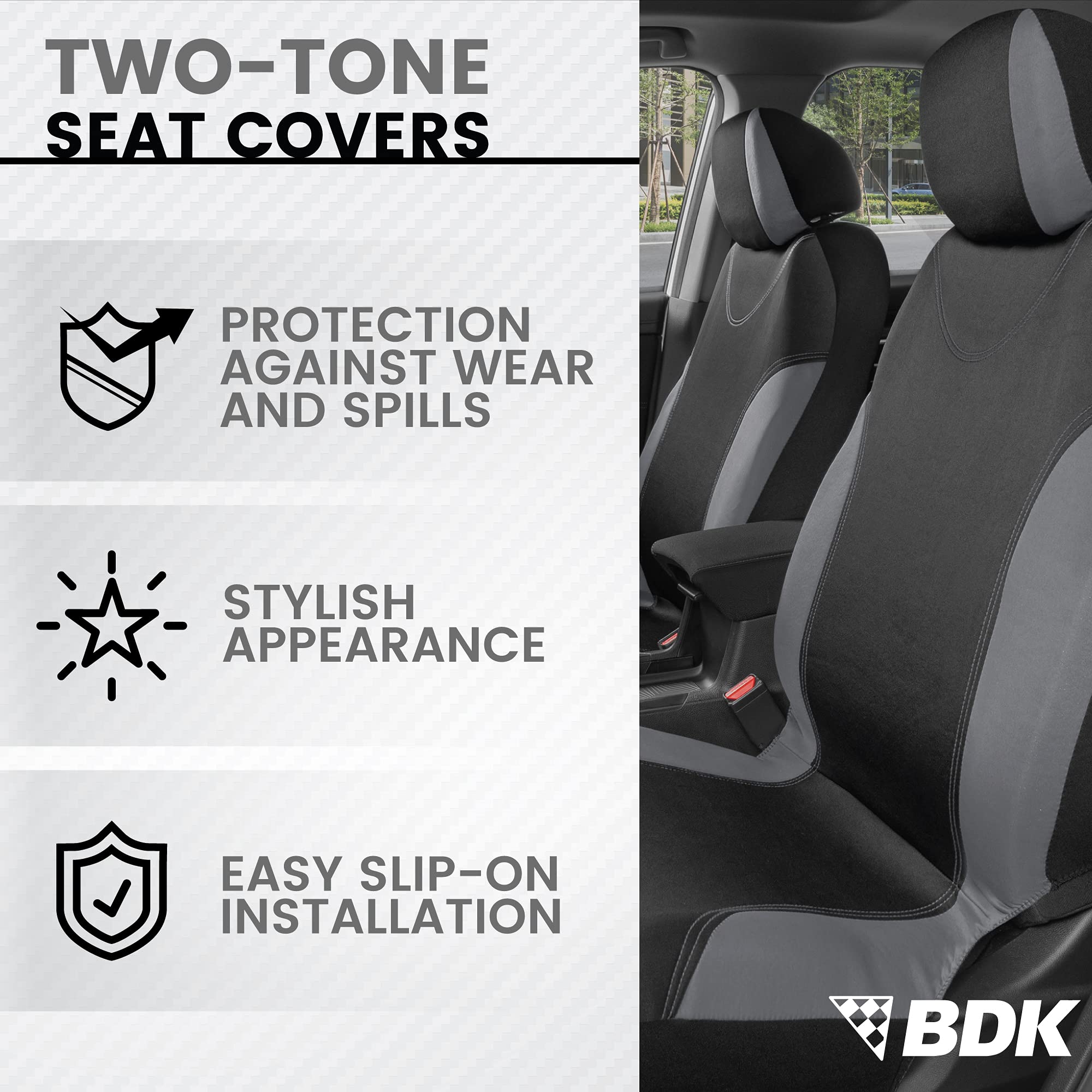 BDK UltraSleek Gray Car Seat Covers Set for Auto/Truck/SUV - Premium Interior Accessories for Driving Comfort