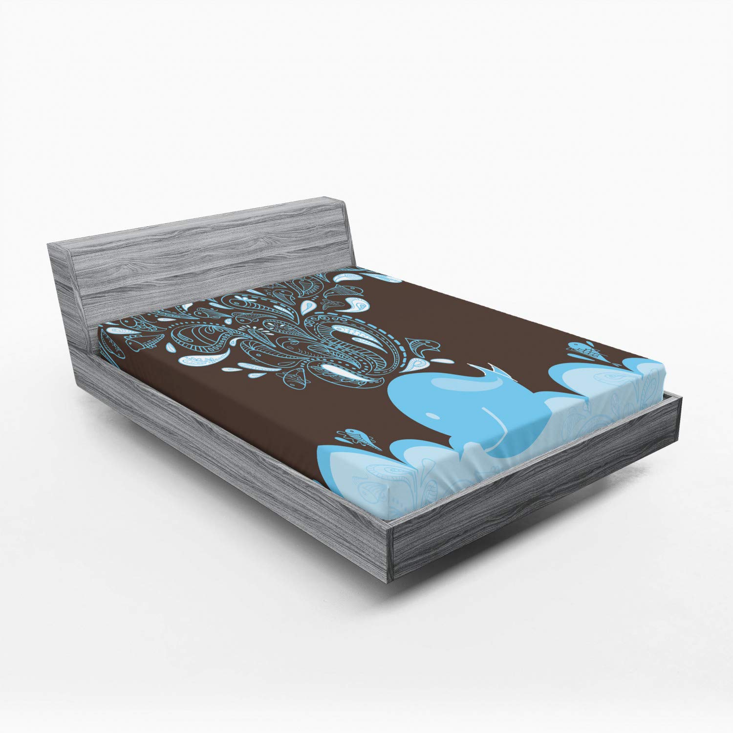 Ambesonne Whale Fitted Sheet - Ocean Bubbles Cartoon Batik Tribal Style Queen Size Bed Cover with Deep Pocket | Blue & Brown Whale Print All-Round Elastic Sheet for Comfortable Sleep | Perfect for Kids' Rooms, Beach Themed Bedrooms & Marine Life Decor