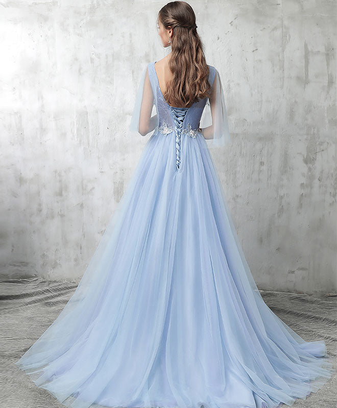 Elegant Blue V-Neck Tulle Lace Applique Long Prom Dress | Formal Evening Gown for Homecoming, Wedding & Special Occasions