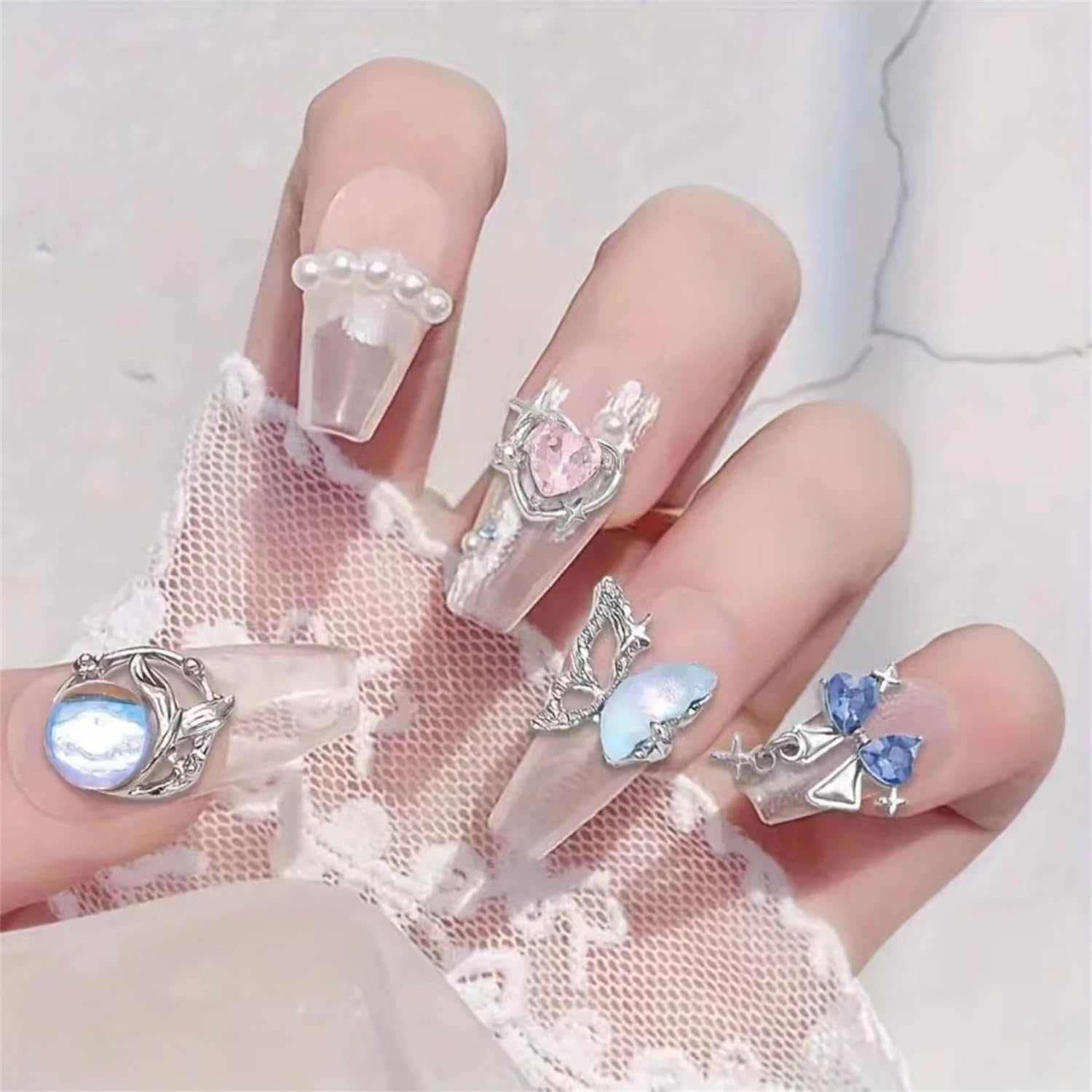 16 Styles Cute Moon & Star Y2K Nail Charms - Silver Alloy Luxury Dangle Charms for Acrylic Nails, Nail Gems & Rhinestones - Shiny Crystal Metal Nail Art Jewelry Supplies for DIY Manicure - Perfect for Parties, Weddings & Salon Nail Designs