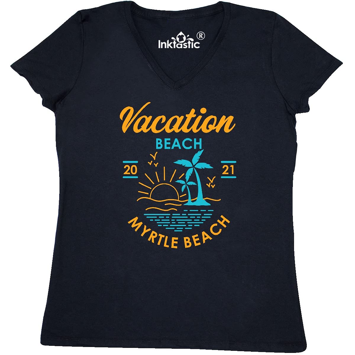 Inktastic Vacation Beach 2021 Myrtle Beach Sunset Women's V-Neck T-Shirt - Perfect for Summer Outings & Casual Wear