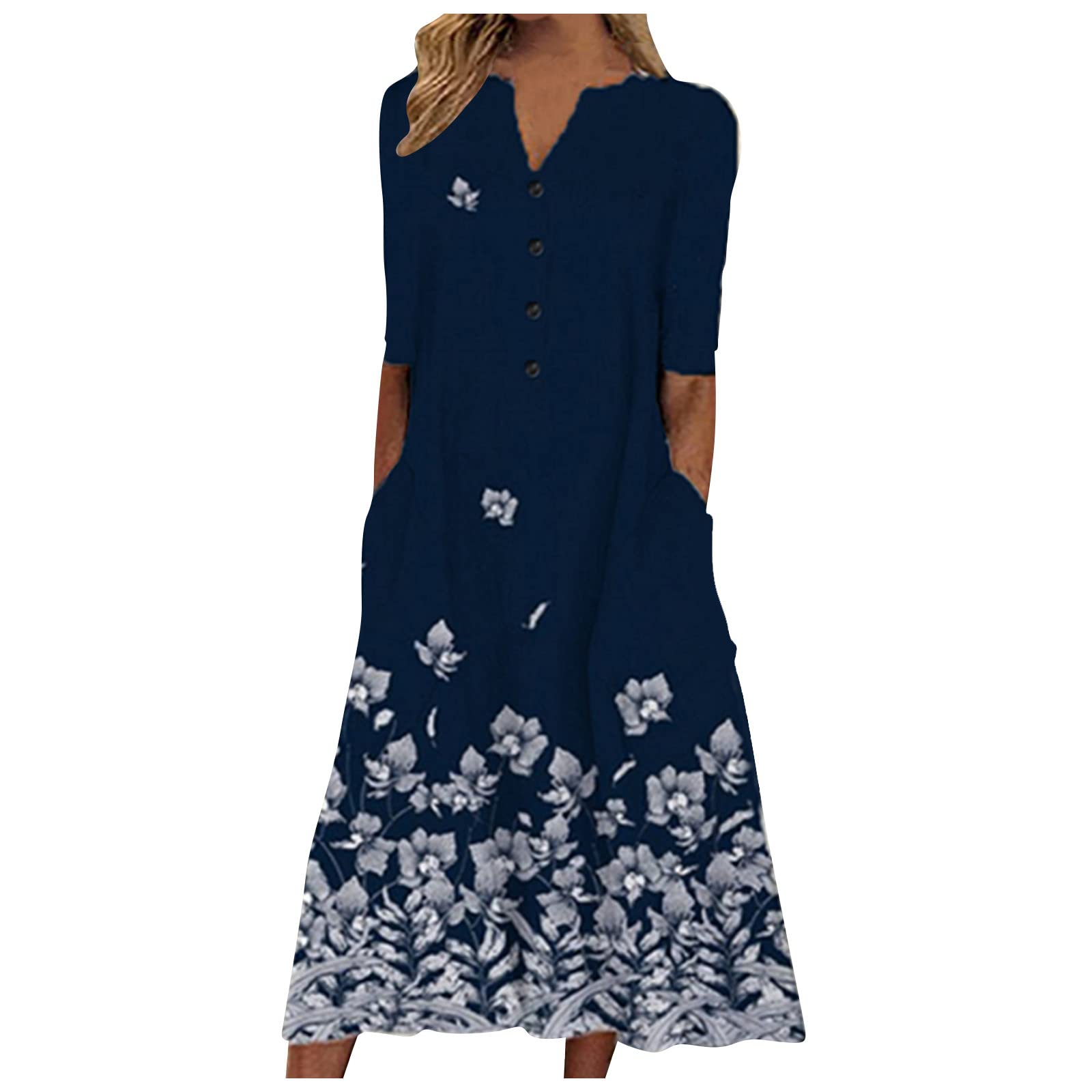 Butterfly Floral Print Women's Casual Midi Dress - Short Sleeve V-Neck Sundress with Button Pockets | Perfect for Beach Vacations, Summer Outings & Boho Style Fashion
