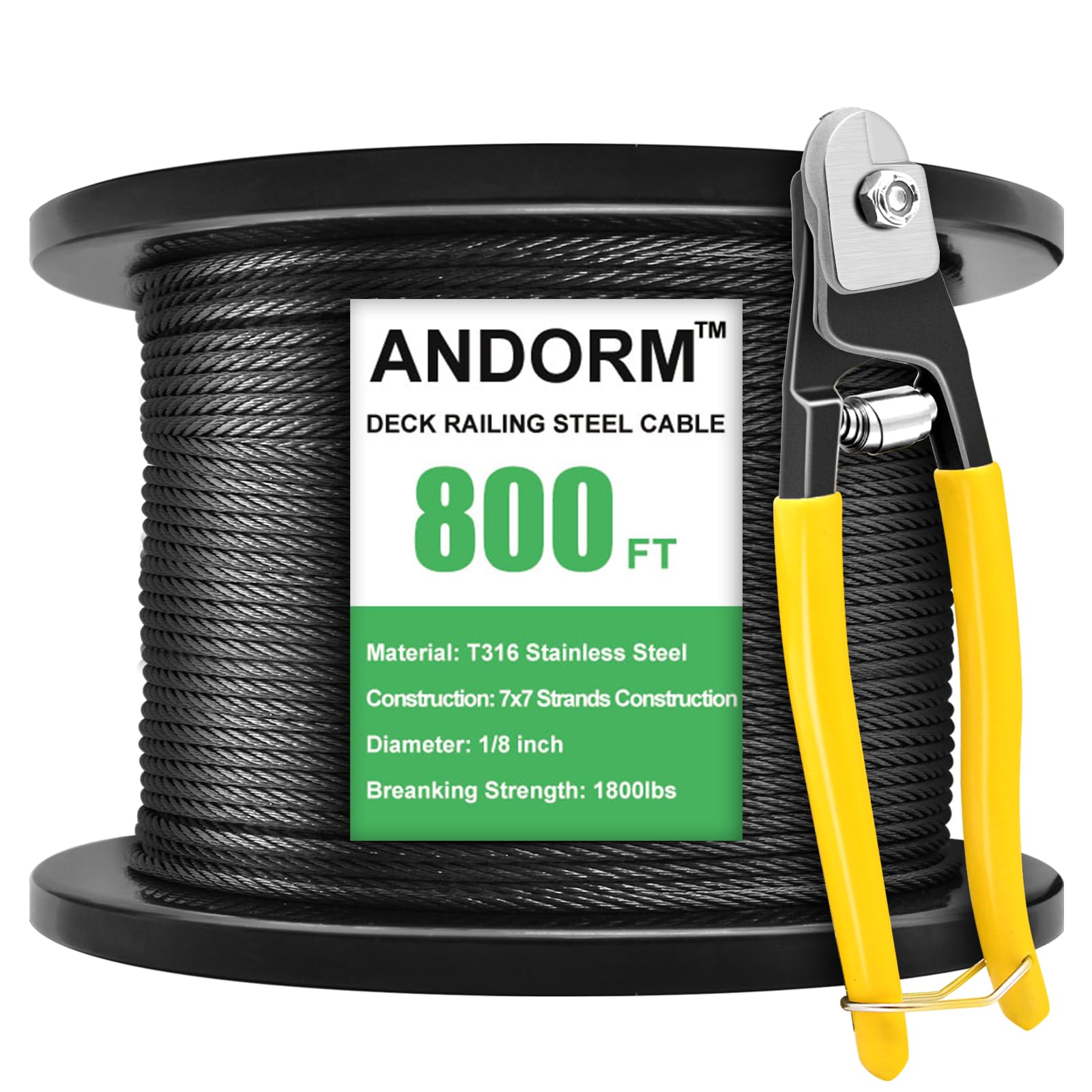 1/8 Inch 800ft T316 Stainless Steel Cable Wire Rope - 7x7 Strands for Deck Railing Systems, Staircase Railings & Outdoor Balcony Safety - Aircraft Cable Kits & Construction Hardware (Weather-Resistant, Marine Grade) - Perfect for Home Decks, Pool Fences & Industrial Guardrails