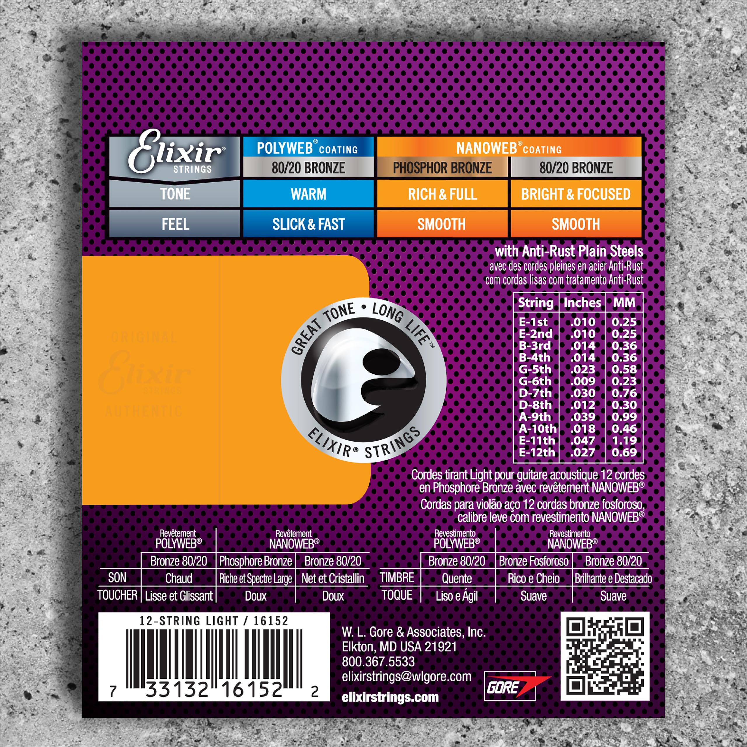 Elixir Phosphor Bronze 12-String Acoustic Guitar Strings with NANOWEB Coating - Light Gauge (.010-.047) | Durable & Long-Lasting for Studio Recording & Live Performances