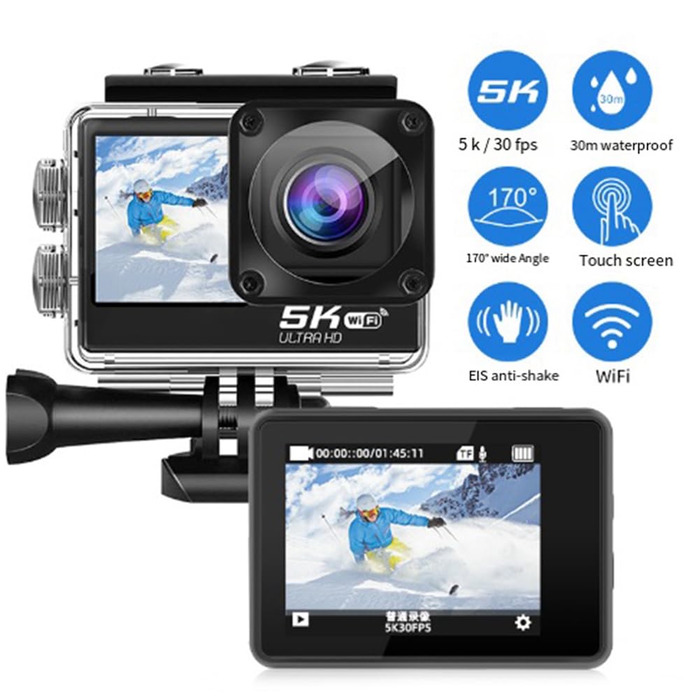 HUPYOMLER Dual Screen 170° HD Waterproof Action Camera - Portable Anti-Shake Mini Underwater Camera for Diving, Snorkeling, Surfing & Outdoor Adventures (Black)