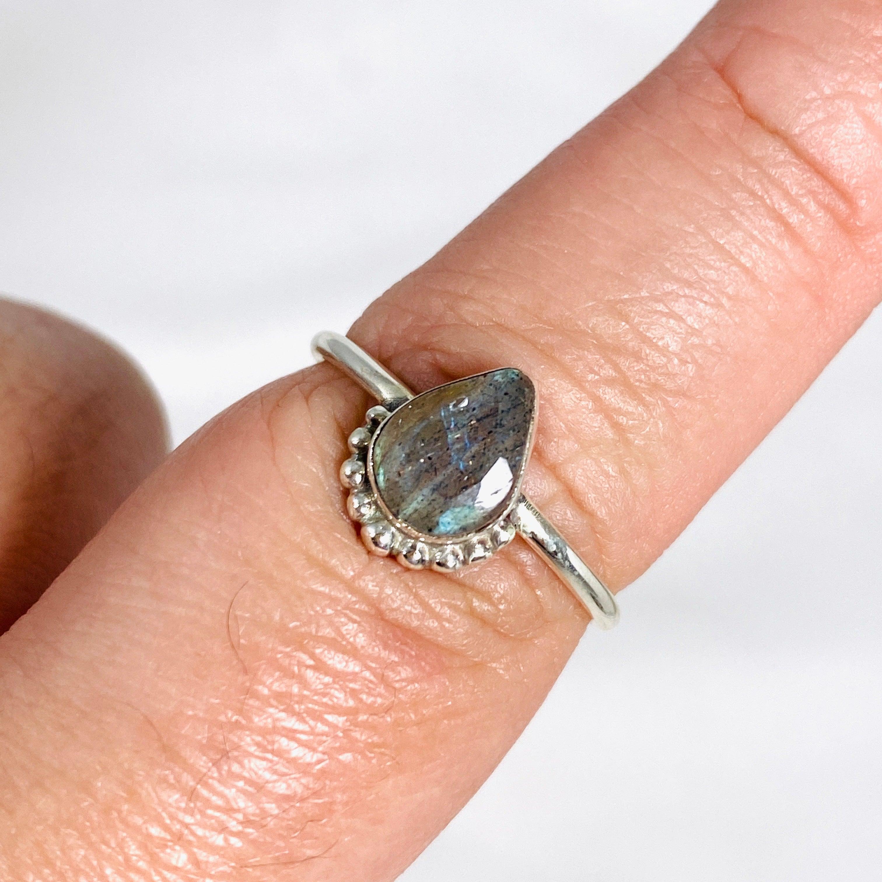 Labradorite Teardrop Faceted Fine Band Ring R3800 LB - Elegant Crystal Jewelry for Women, Wedding, Party & Special Occasions