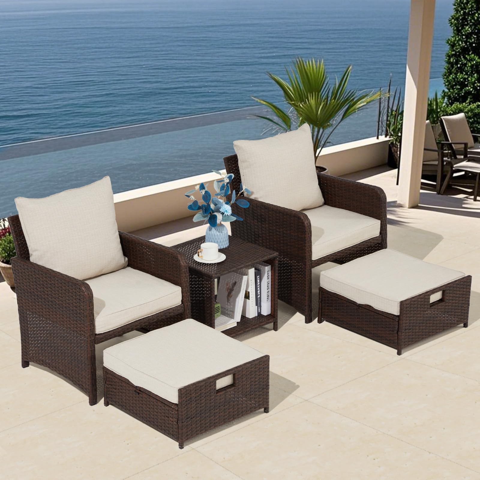 5-Piece Rattan Wicker Patio Bistro Set with Table & Ottomans - Brown & Beige Balcony Furniture for Small Outdoor Spaces | Perfect for Garden, Poolside, Backyard & Apartment Patios