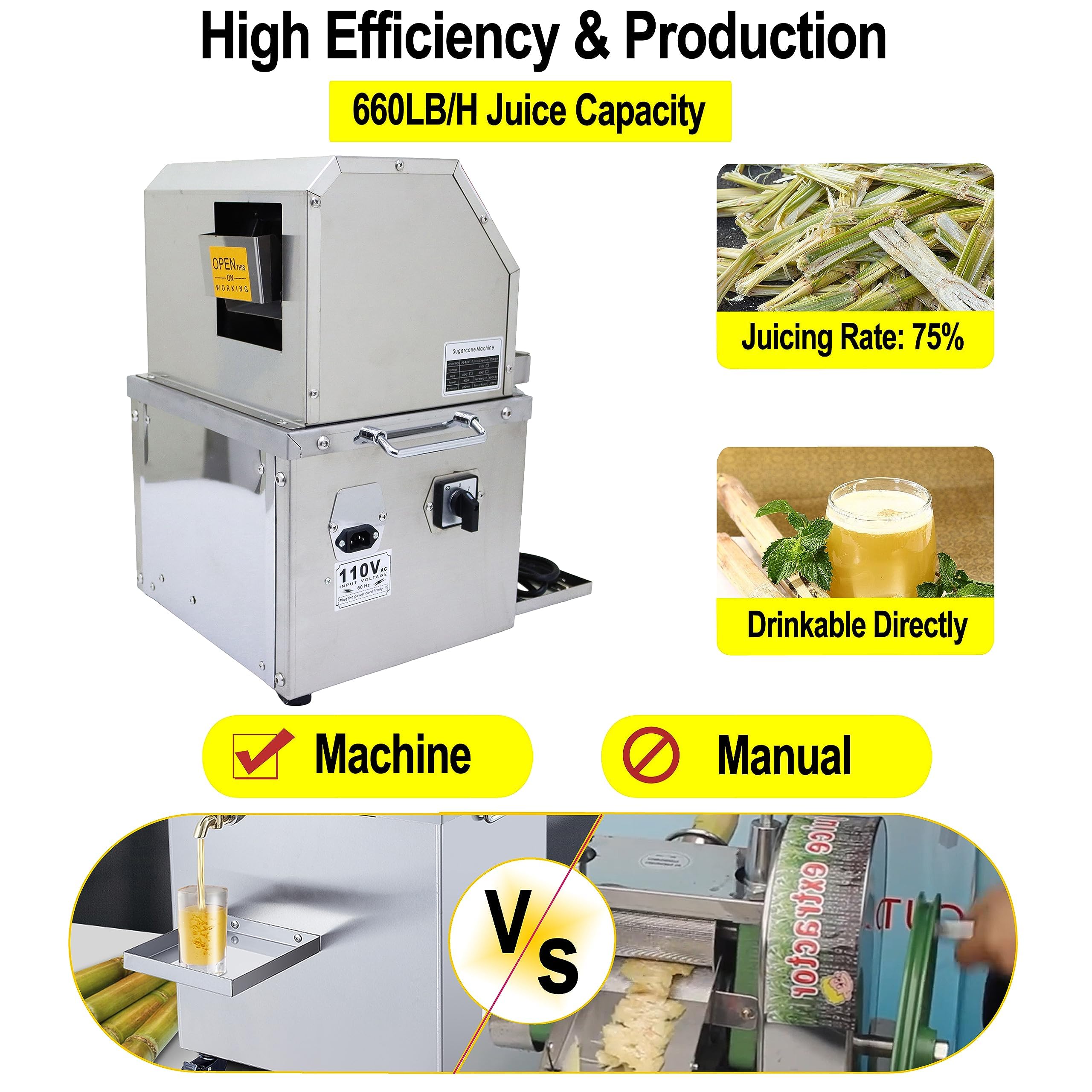 TECHTONGDA 110V 800W Commercial Electric Sugar Cane Juicer Machine - 3 Stainless Steel Rollers, 2 Peeling Knives, 660 LBS/H Output - Perfect for Juice Bars, Restaurants & Street Vendors