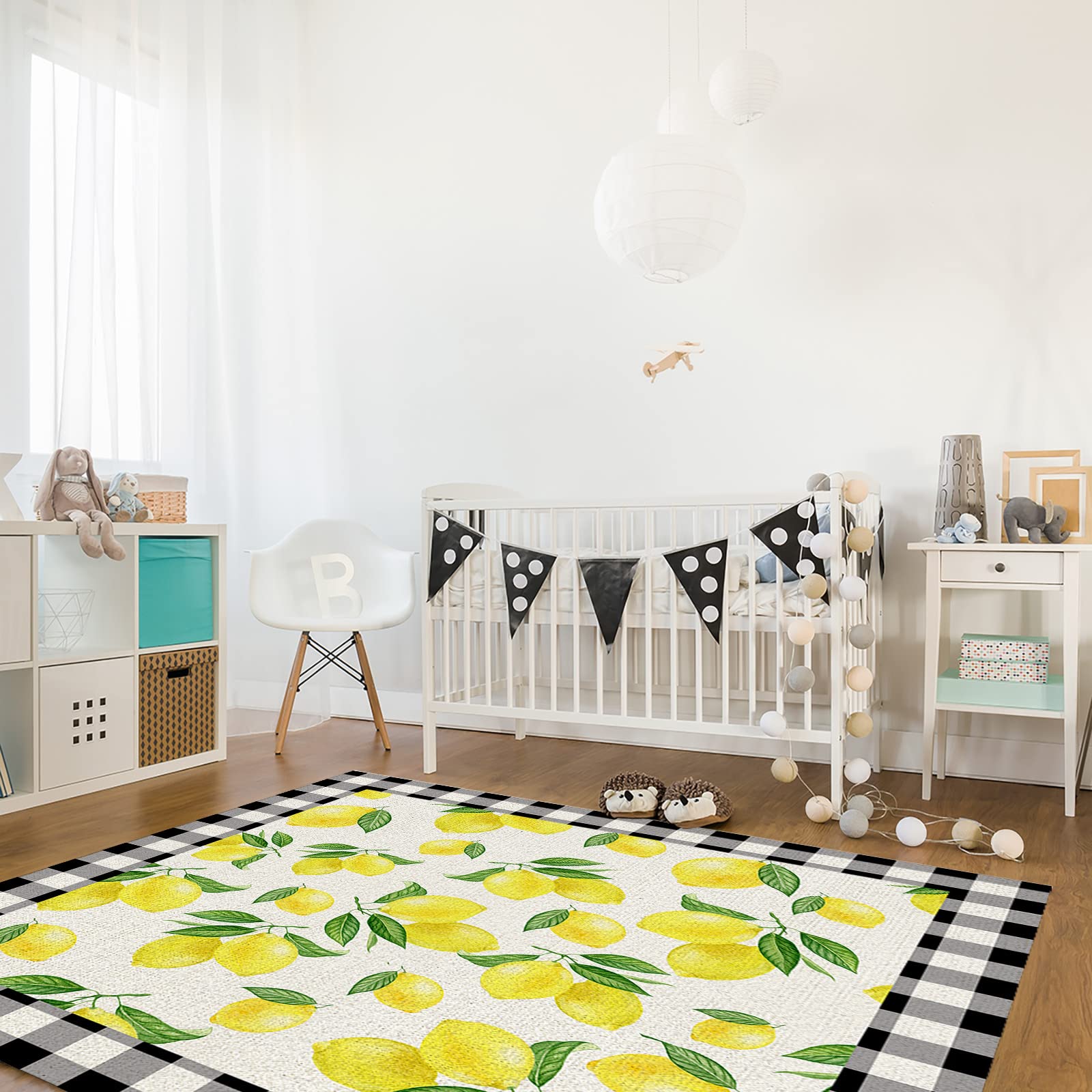 5'x8' Large Non-Slip Area Rug - Farmhouse Lemon Print Plaid Frame Carpet for Bedroom, Living Room, Kitchen, Kids Room | Summer Fruits Design with Burlap Backing | Perfect for Home Decor, Photo Backdrops and Cozy Floor Covering