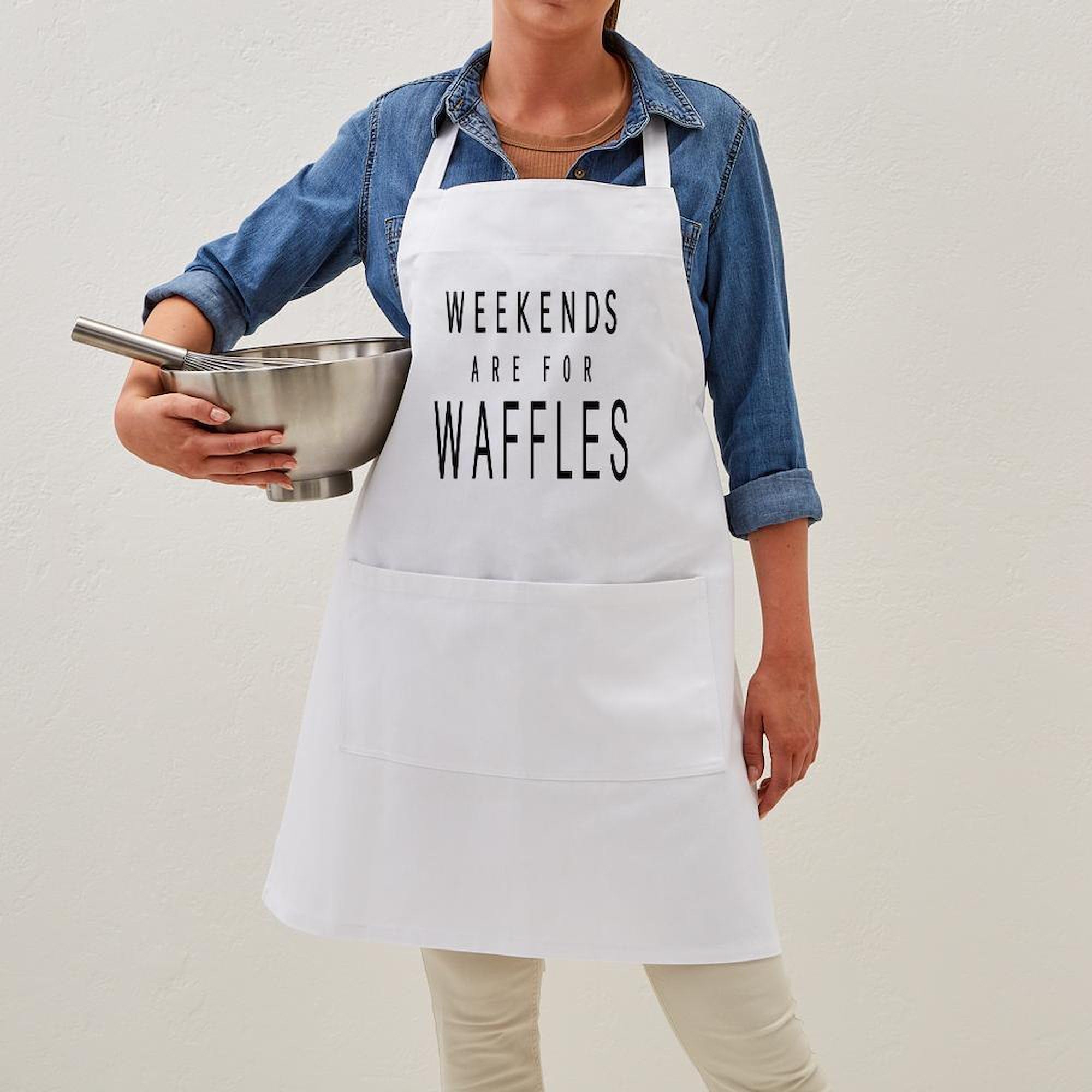 WEEKENDS ARE FOR WAFFLES Kitchen Apron with Pockets - Adjustable Grilling & Baking Apron for Cooking, BBQ, Baking - Perfect Gift for Home Chefs
