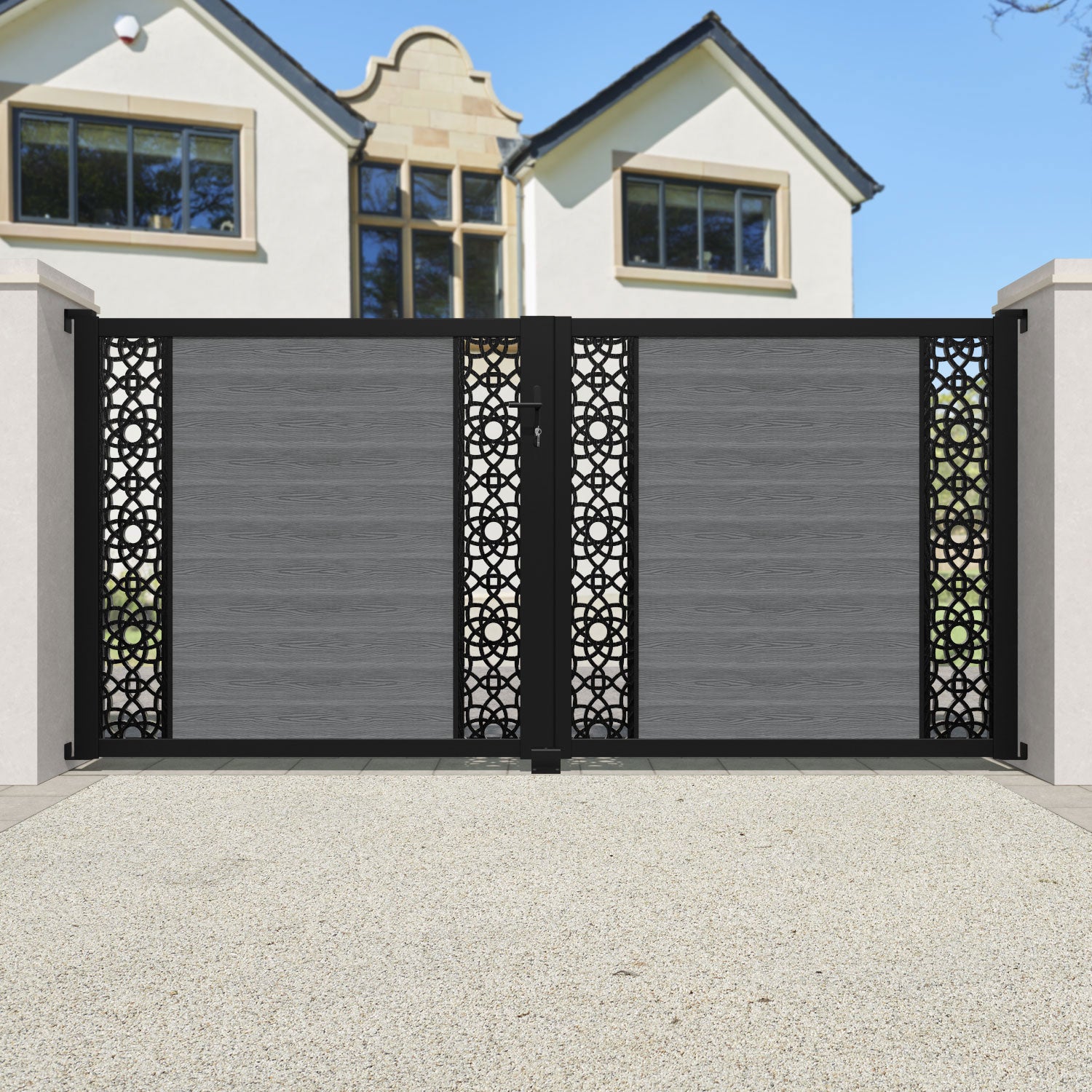 Classic Amber Straight Top Driveway Gate - Mid Grey Finish with Middle & End Screen - Perfect for Residential Driveway Security and Curb Appeal Enhancement