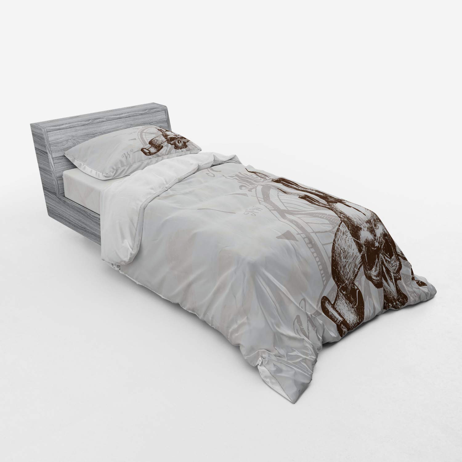 Ambesonne Compass Duvet Cover Set - Pirate Adventure Theme with Skull & Candles, 3-Piece Bedding (Twin XL, Brown Pearl Grey) for Spooky Bedroom Decor & Halloween Party Setup
