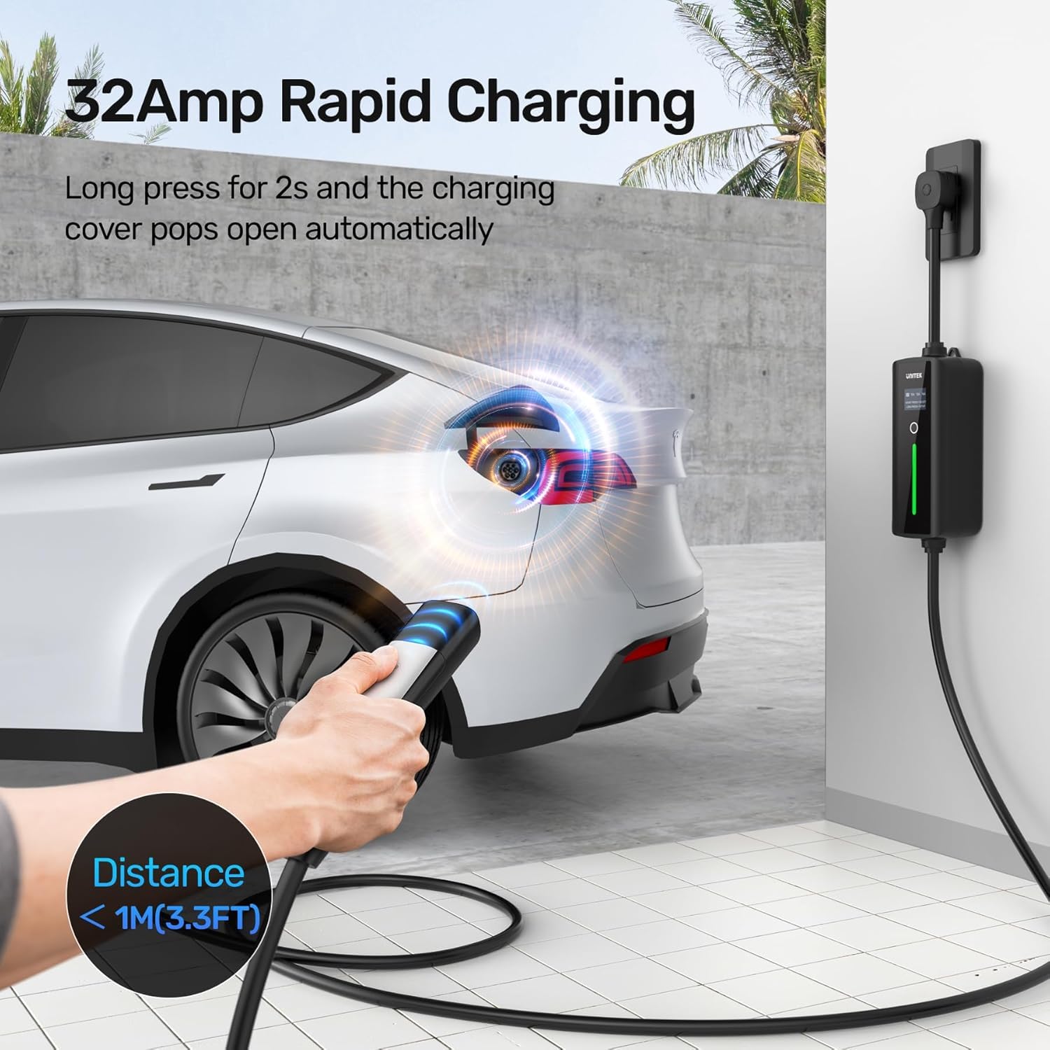 Unitek Level 1 & 2 Portable Tesla Wall Charger - 32Amp 7KW 240V EV Home Charging Station with Auto Sensing, Tesla Mobile Connector Adapter for Model Y/3/S/X - Perfect for Home, Garage & Road Trip Charging