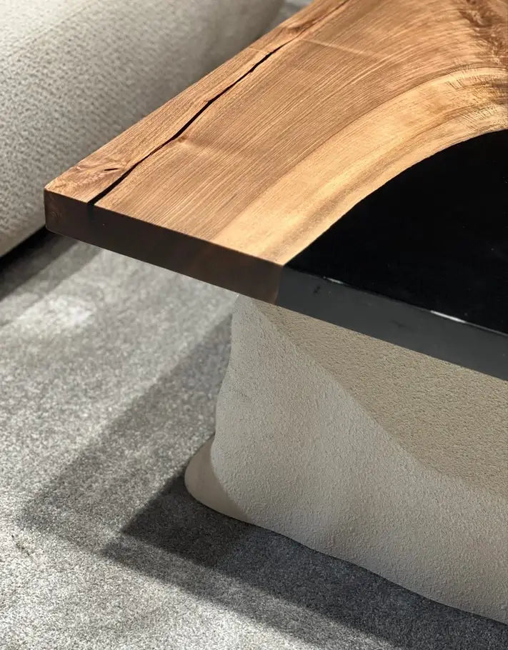Epoxy Resin Walnut Coffee Table with Stone-Look Legs - Modern Living Room Centerpiece for Home Decor