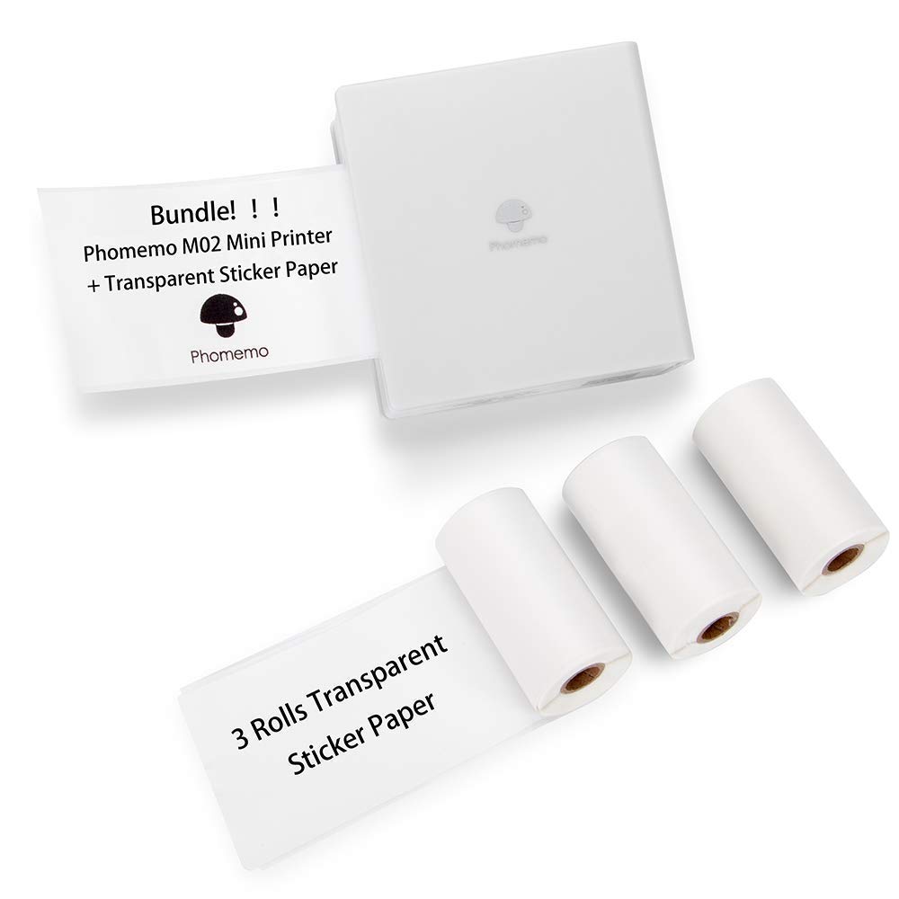 Phomemo M02 Mini Bluetooth Thermal Photo Printer - Portable Mobile Printer with 3 Rolls Transparent Sticker Paper, Compatible with iOS & Android for Planning, Journaling, Study Notes, Art Projects, Office Work & Gift Giving - Perfect for DIY Crafts, Scrapbooking & Home Organization