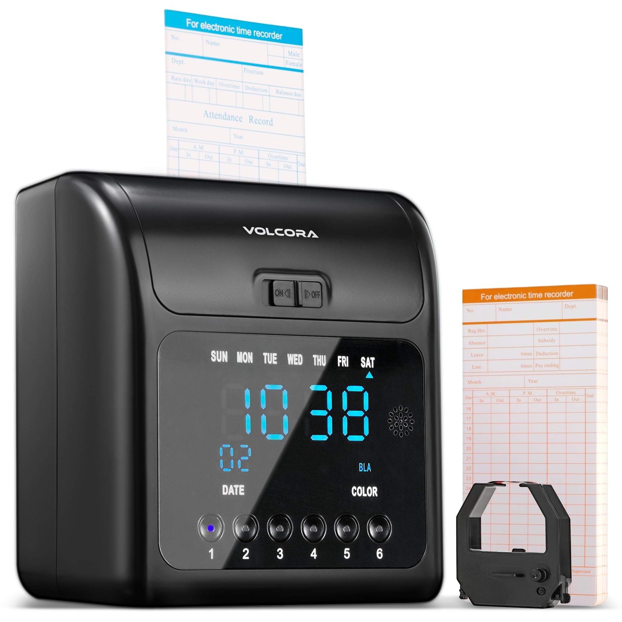 Volcora Employee Time Clock Machine - 50 Time Cards & Ink Ribbon Included - Punch Clock System for Small Business with Battery Backup - Keyless & Offline Operation - Ideal for Office, Retail Stores & Warehouse Time Tracking