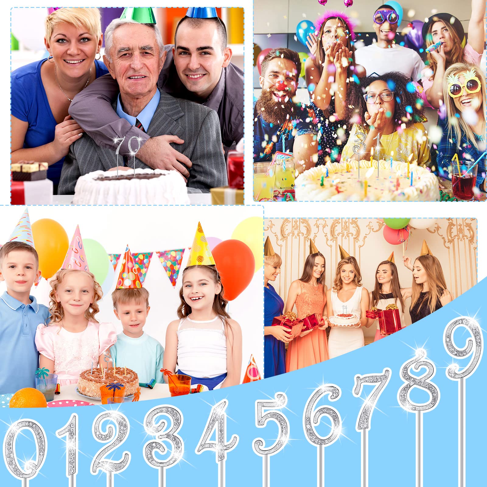 Silver Numbers 0-9 Cake Topper Set with Mini Diamond Gems - Bling Rhinestone Birthday Cake Decorations for Weddings, Anniversaries & Parties (10-Piece) - Perfect for DIY Desserts, Cupcake Toppers & Special Occasion Cakes
