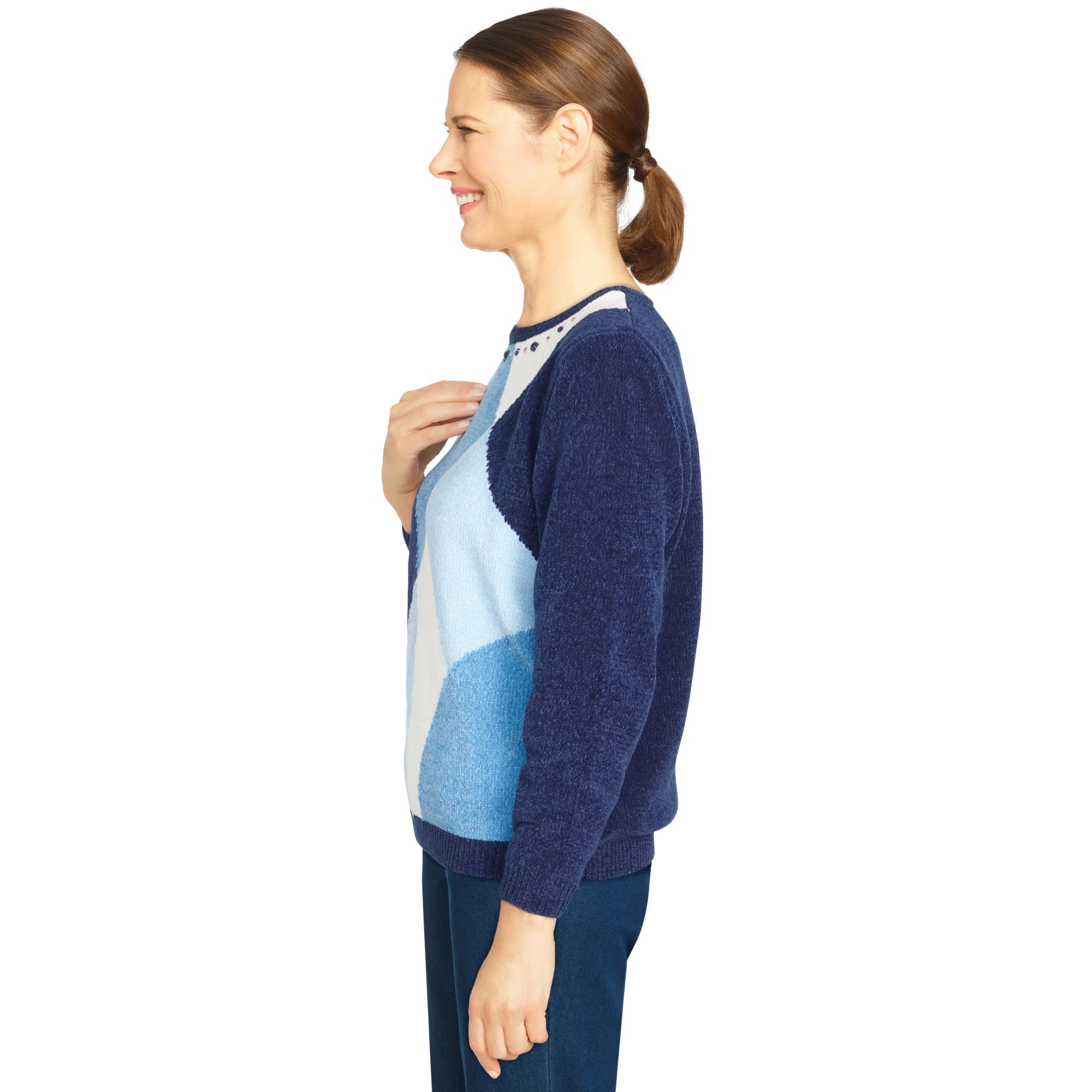 Alfred Dunner Women's Petite Chenille Colorblock Sweater - Soft Winter Pullover for Casual Wear & Holiday Outfits