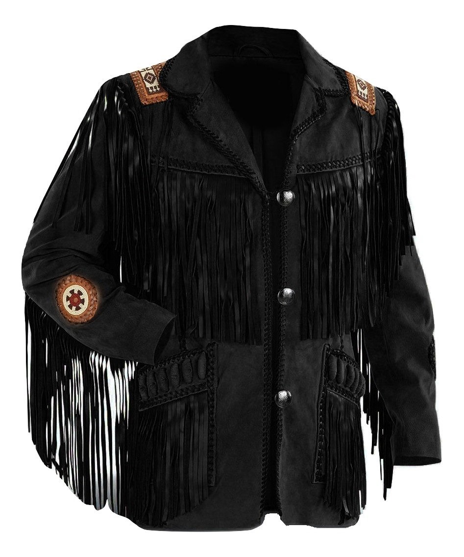 LEATHERAY Men's Western Fringe Beaded Jacket - Suede Leather Biker Coat for Cowboy Style & Country Music Festivals