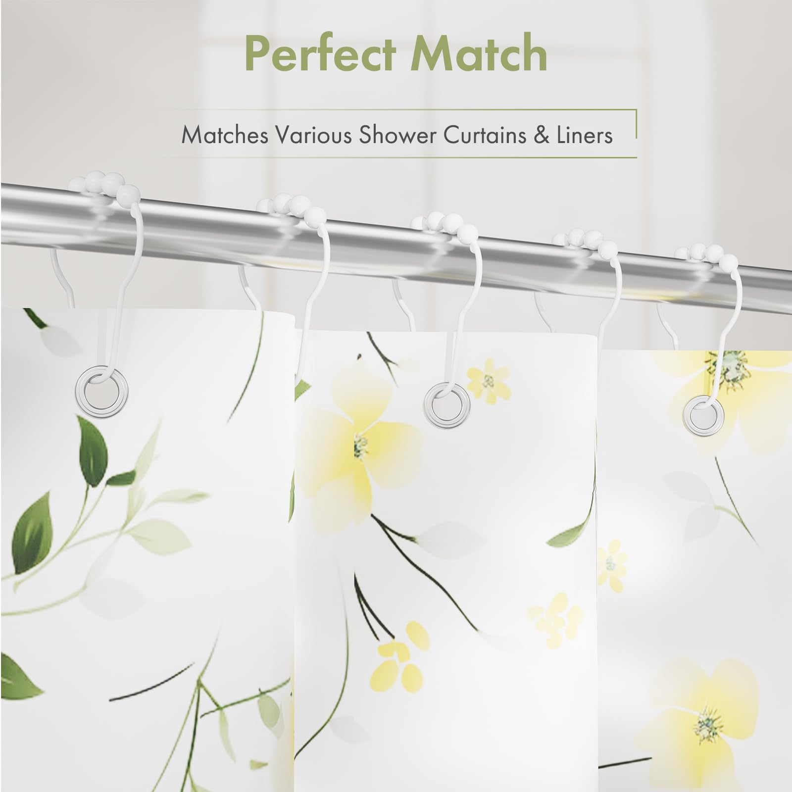 Amazer 12-Pack Rust-Resistant Stainless Steel Shower Curtain Hooks - Decorative Bathroom Hooks for Shower Rods, Polished White Finish - Perfect for Bathroom, Spa, and Hotel Decor