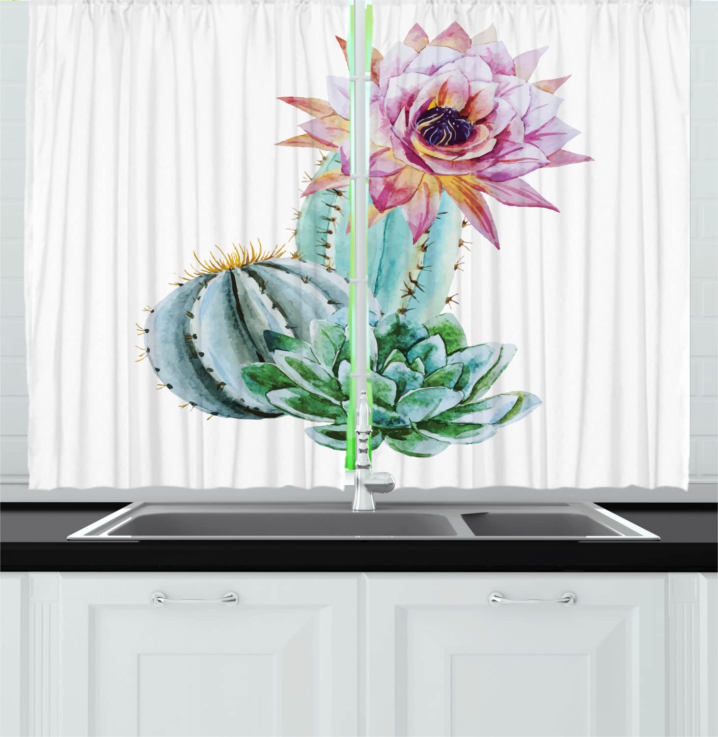 Ambesonne Cactus Print Long Kitchen Curtains - 2 Panels with Rod Pocket, 55
