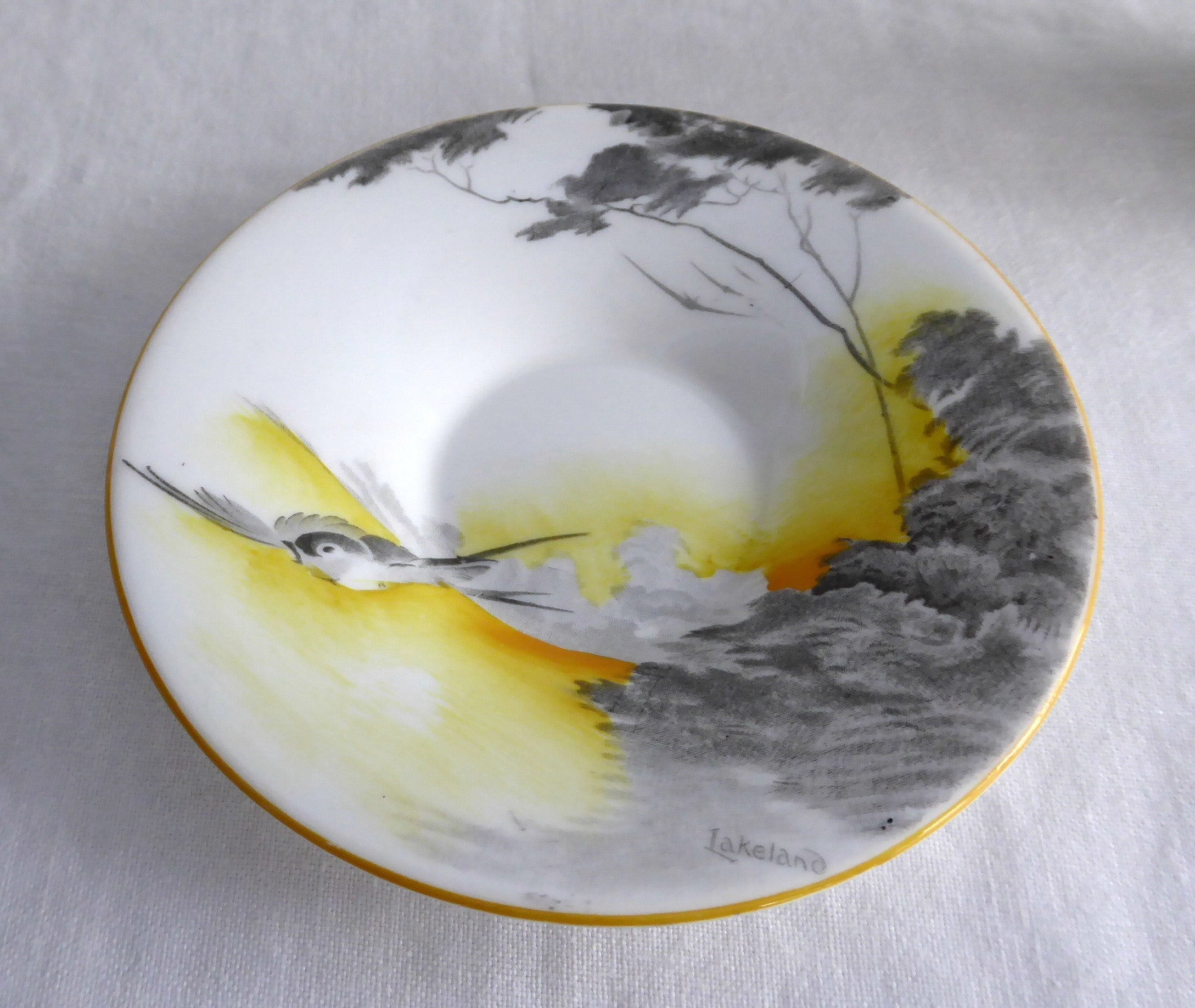Vintage Shelley Art Deco Lakeland Cup and Saucer Set - 1930s Landscape Bird Design, Regent Shape Demi - Perfect for Tea Collectors & English Afternoon Tea Parties