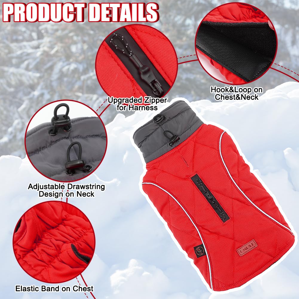 EMUST Windproof Winter Dog Coat - Warm Puppy Jacket with High Collar & Reflective Strips for Small Dogs in Cold Weather (Red, Size S) - Perfect for Outdoor Walks, Hiking & Winter Adventures