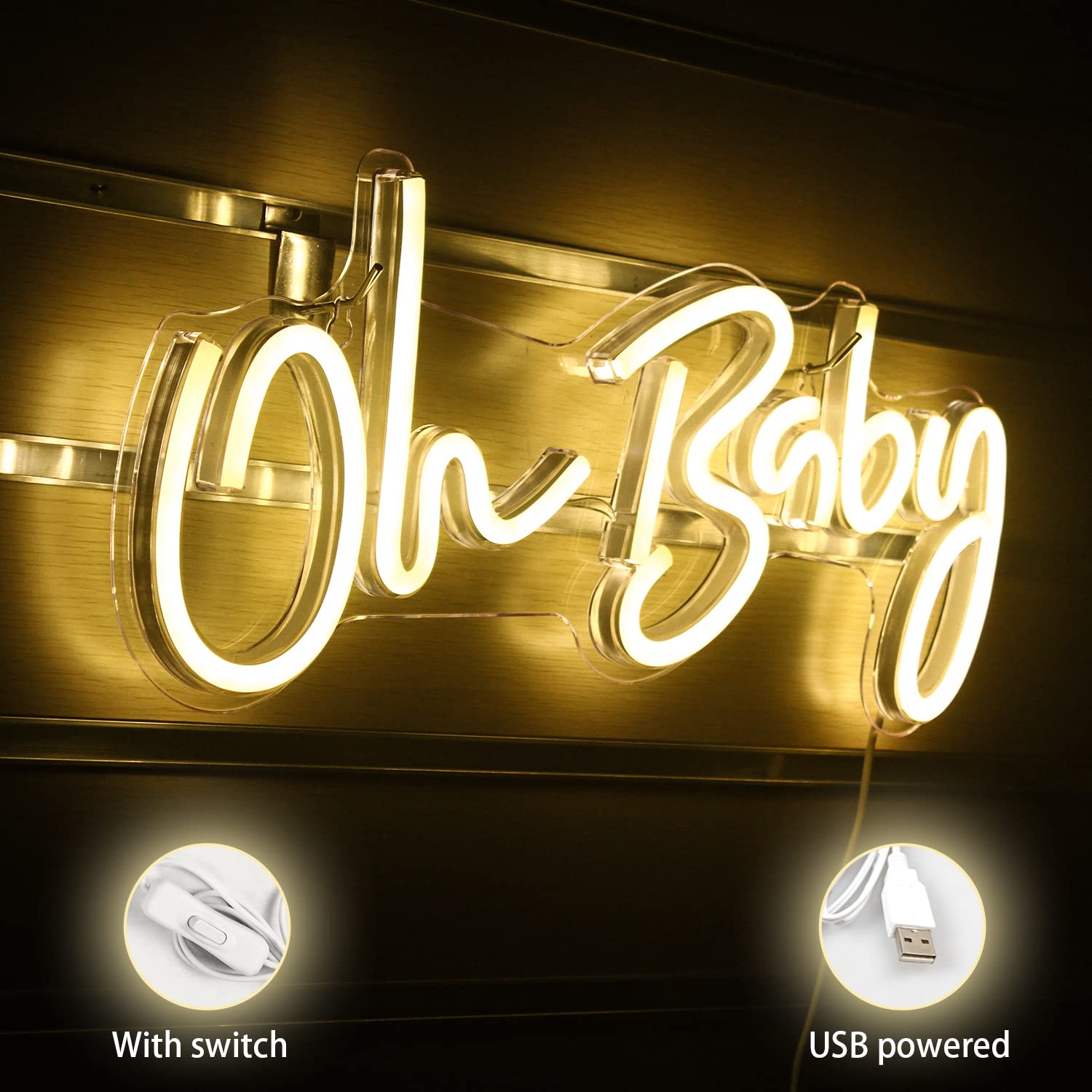 Oh Baby Neon Sign - Warm White LED Wall Decor for Nursery, Bedroom, Game Room & Bar - 16.5