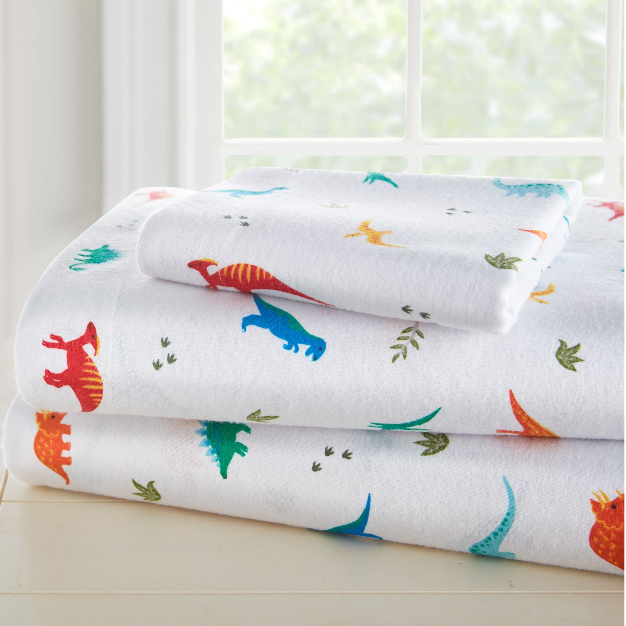 Wildkin 100% Cotton Flannel Toddler Sheet Set - Soft Dinosaur Themed Bedding for Boys & Girls (Top Sheet, Fitted Sheet, Pillowcase) - Perfect for Nursery, Daycare & Cozy Bedtime Comfort (Jurassic Dinosaur Print)