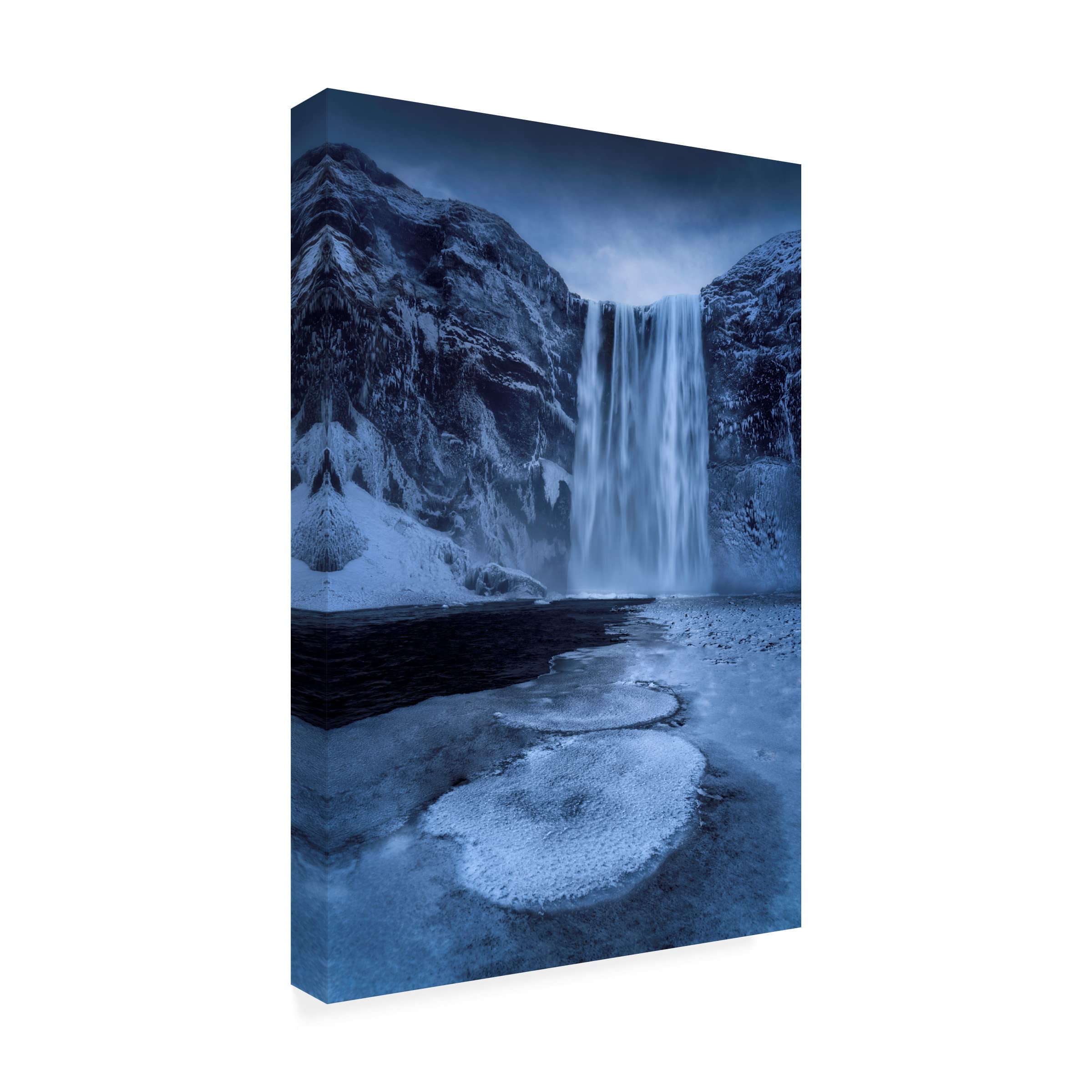 Trademark Fine Art 'Skogafoss' Canvas Wall Art Print by Jingshu Zhu - Stunning Waterfall Landscape Painting for Living Room, Bedroom & Office Decor
