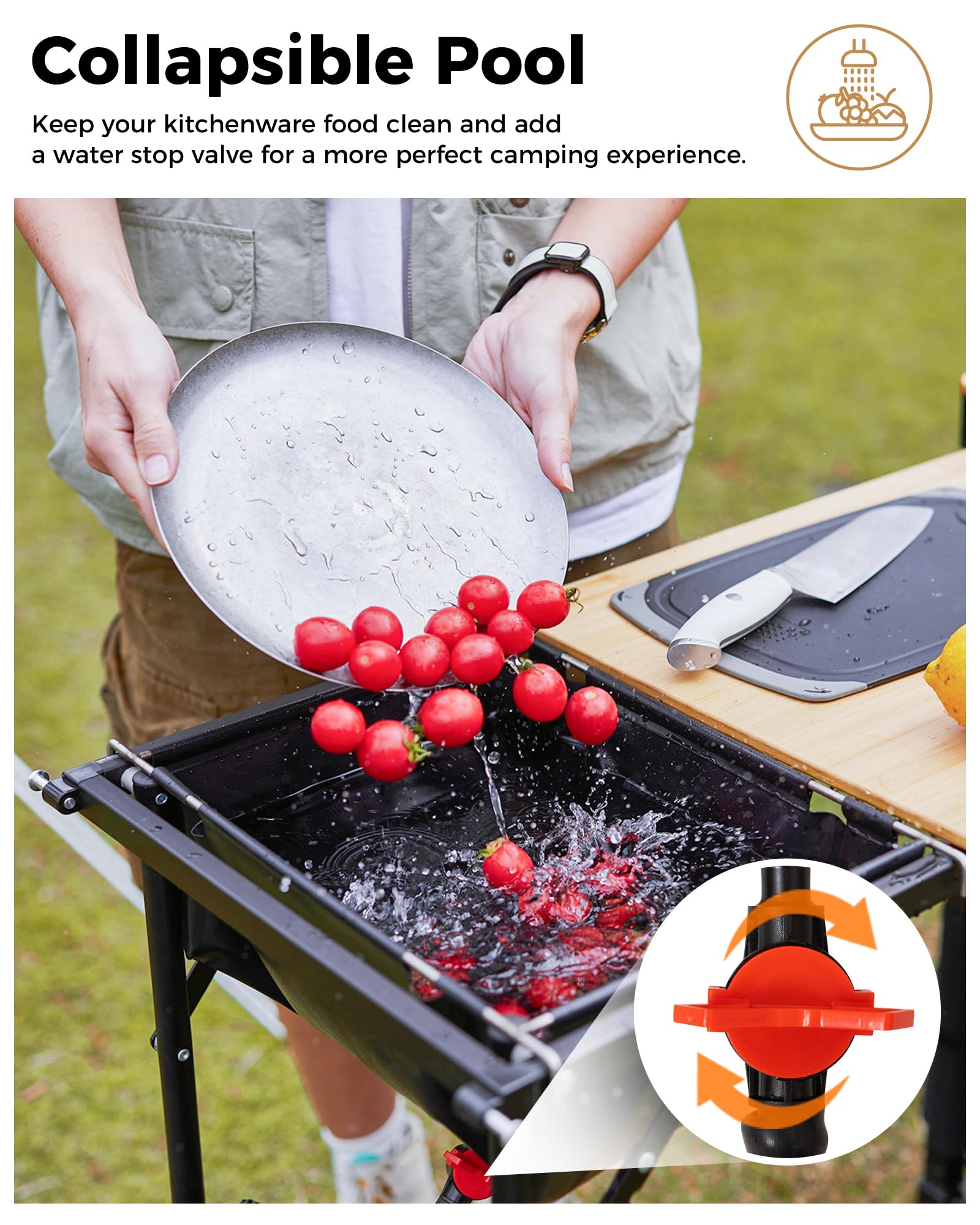 KingCamp XL-Black Bamboo Folding Camping Table with Aluminum Frame, Lantern Pole, Side Hooks & Pockets - Portable Outdoor Cooking Station for Camping, Picnics, BBQ & Tailgating
