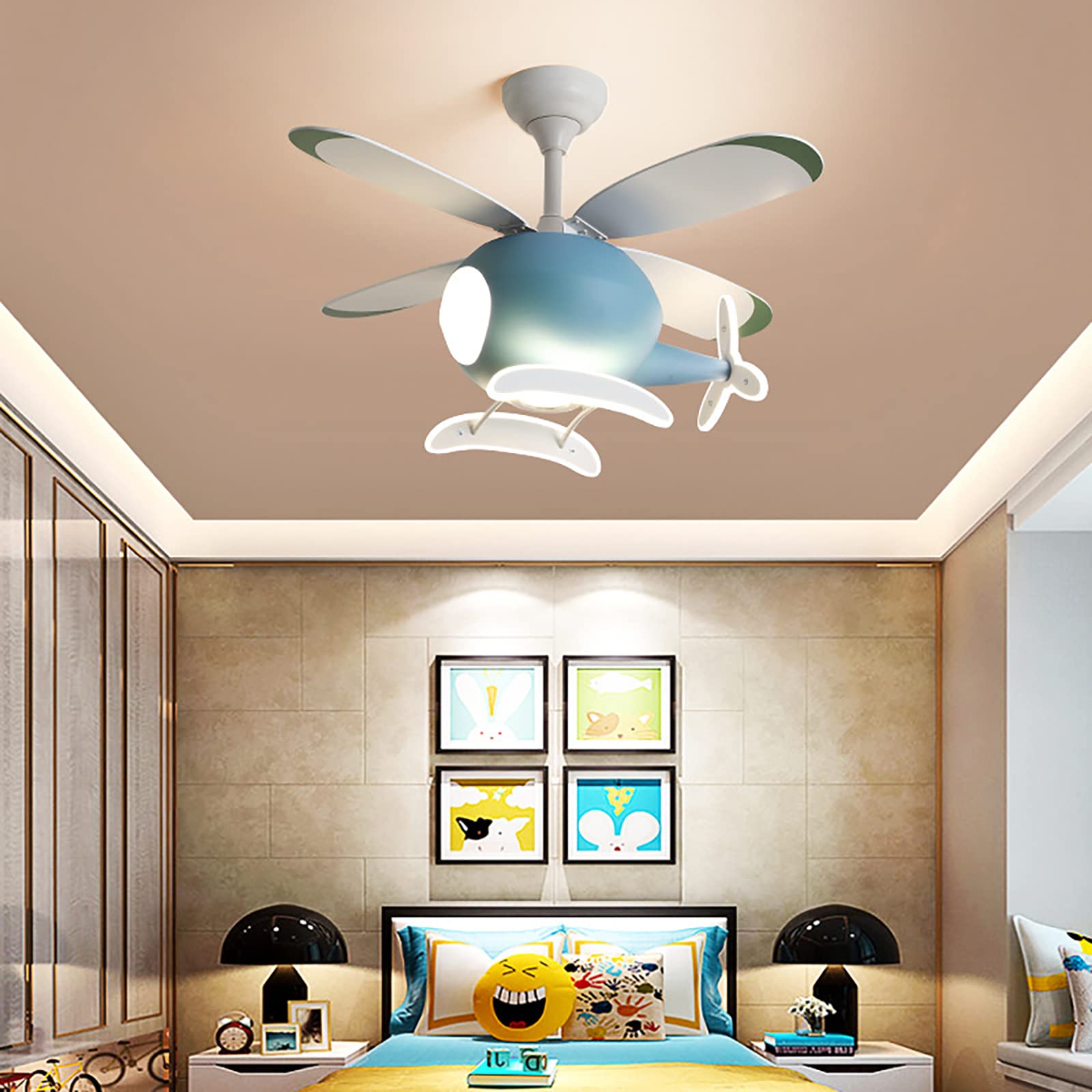 OJZZG 38 Inch LED Ceiling Fan with Light for Kids - 3 Color Remote Control, 4 Reversible Blades, 6 Speed Settings - Perfect for Children's Bedroom & Playroom (Blue)