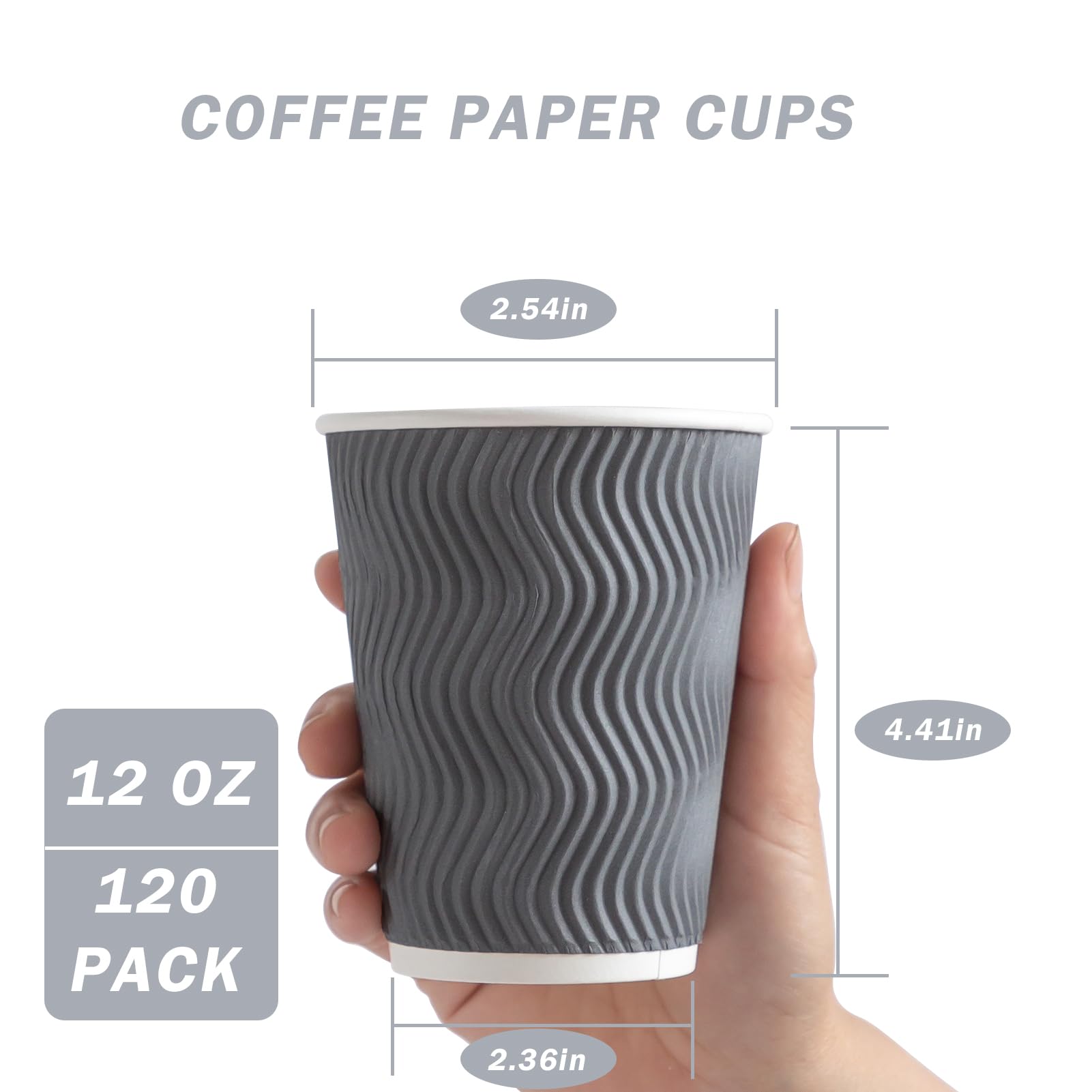 12oz Disposable Paper Coffee Cups 120 Pack - Insulated Corrugated Ripple Wall Design for Hot & Cold Drinks | Perfect for Office, Home, Cafe, Party & Travel Use (Gray)