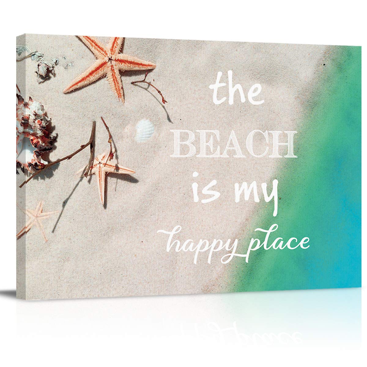 Framed Canvas Wall Art Print - Shell Beach Sea Life Decor 'The Beach is My Happy Place' Stretched Painting for Bathroom & Bedroom - Coastal Home Decor for Beach House, Living Room, Office