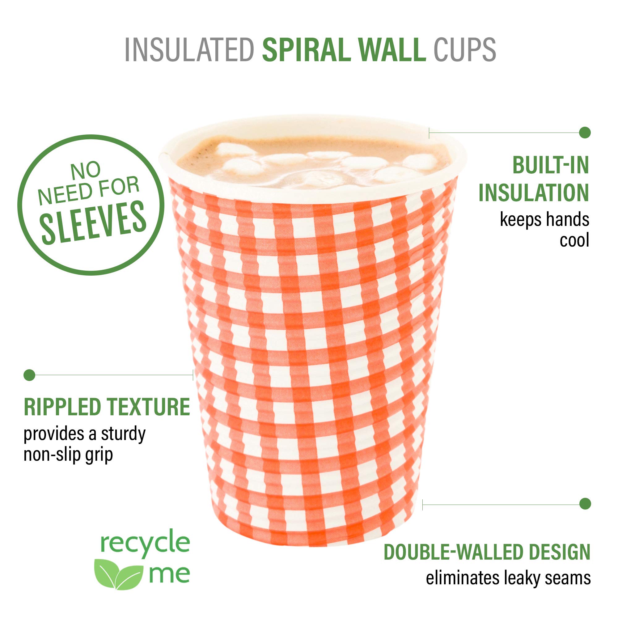 Restaurantware 12oz Disposable Coffee Cups - 500 Pack Spiral Wall Hot Paper Cups for Coffee, Tea & Hot Beverages | Insulated Picnic Design with Rolled Rim (Lids Sold Separately) | Perfect for Cafes, Offices, Parties & Outdoor Events